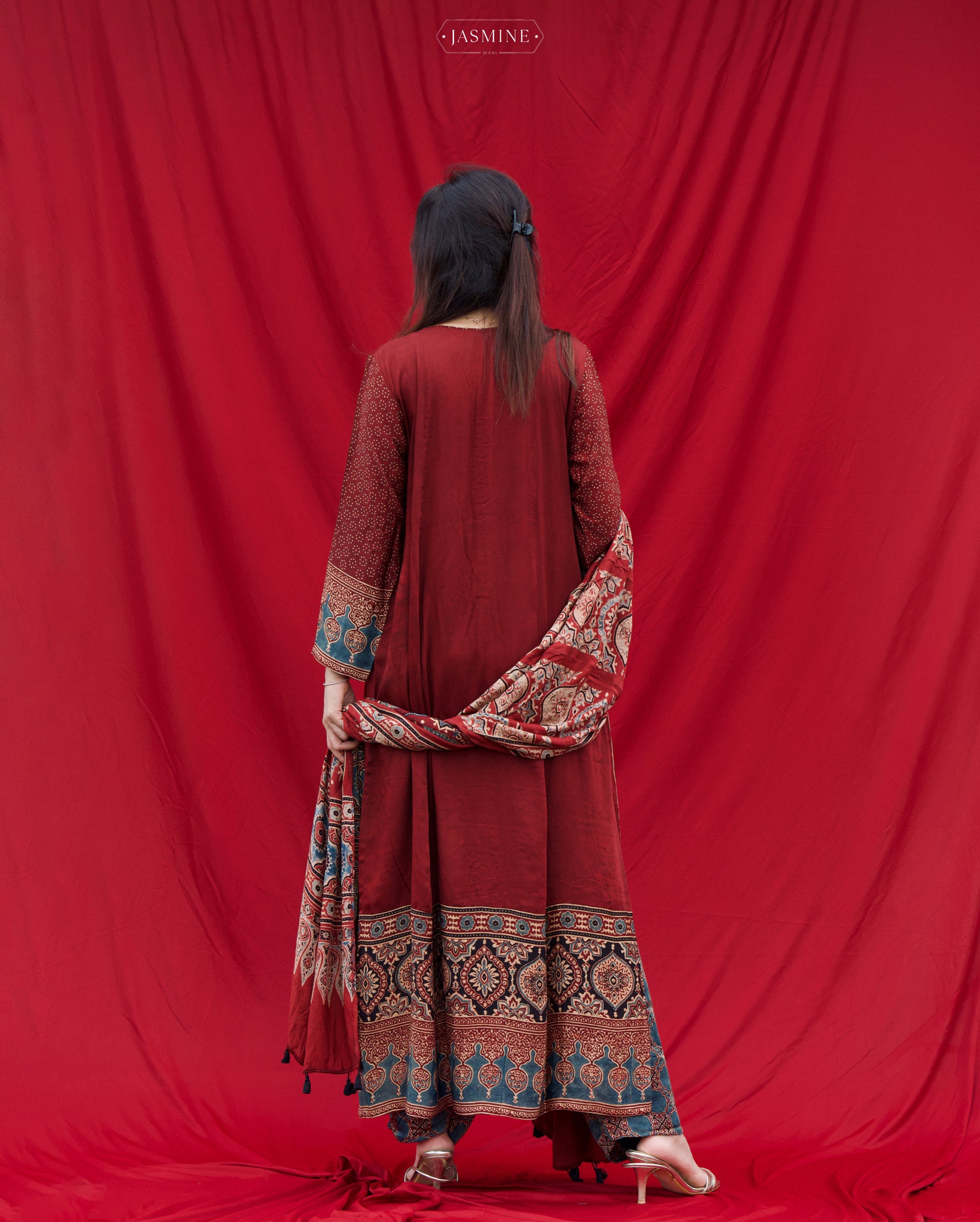 Ajrakh hand block printed modal silk straight cut salwar set with cut bead handwork
