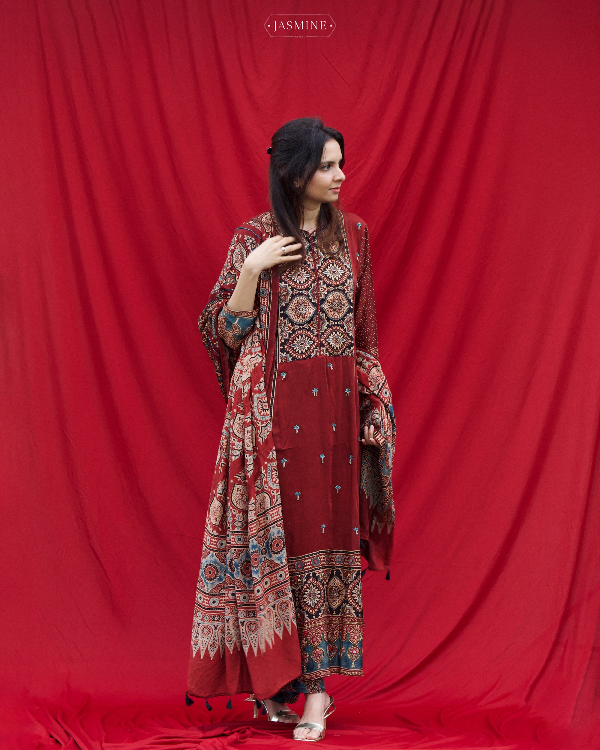 Ajrakh hand block printed modal silk straight cut salwar set with cut bead handwork