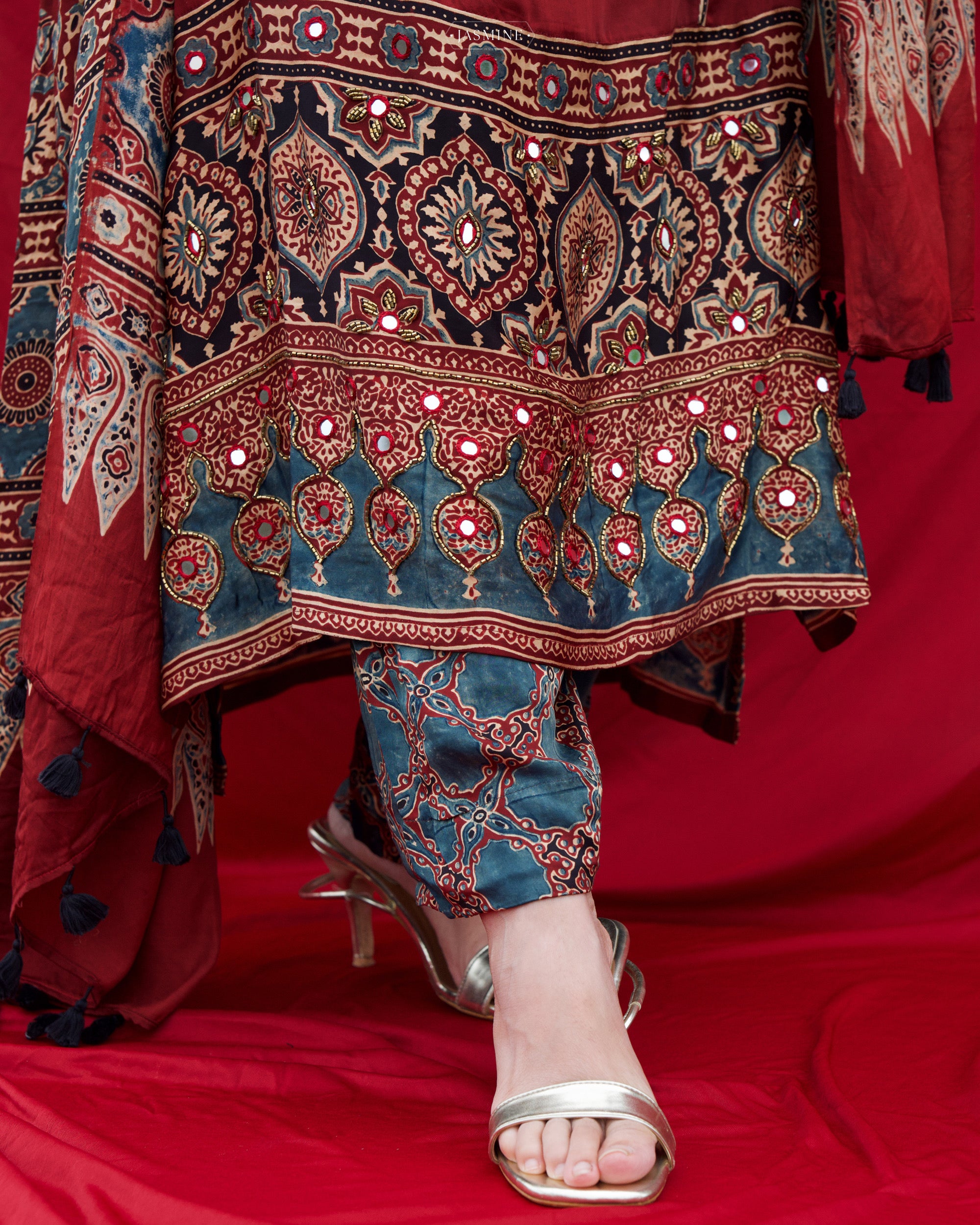 Ajrakh hand block printed modal silk straight cut salwar set with cut bead handwork