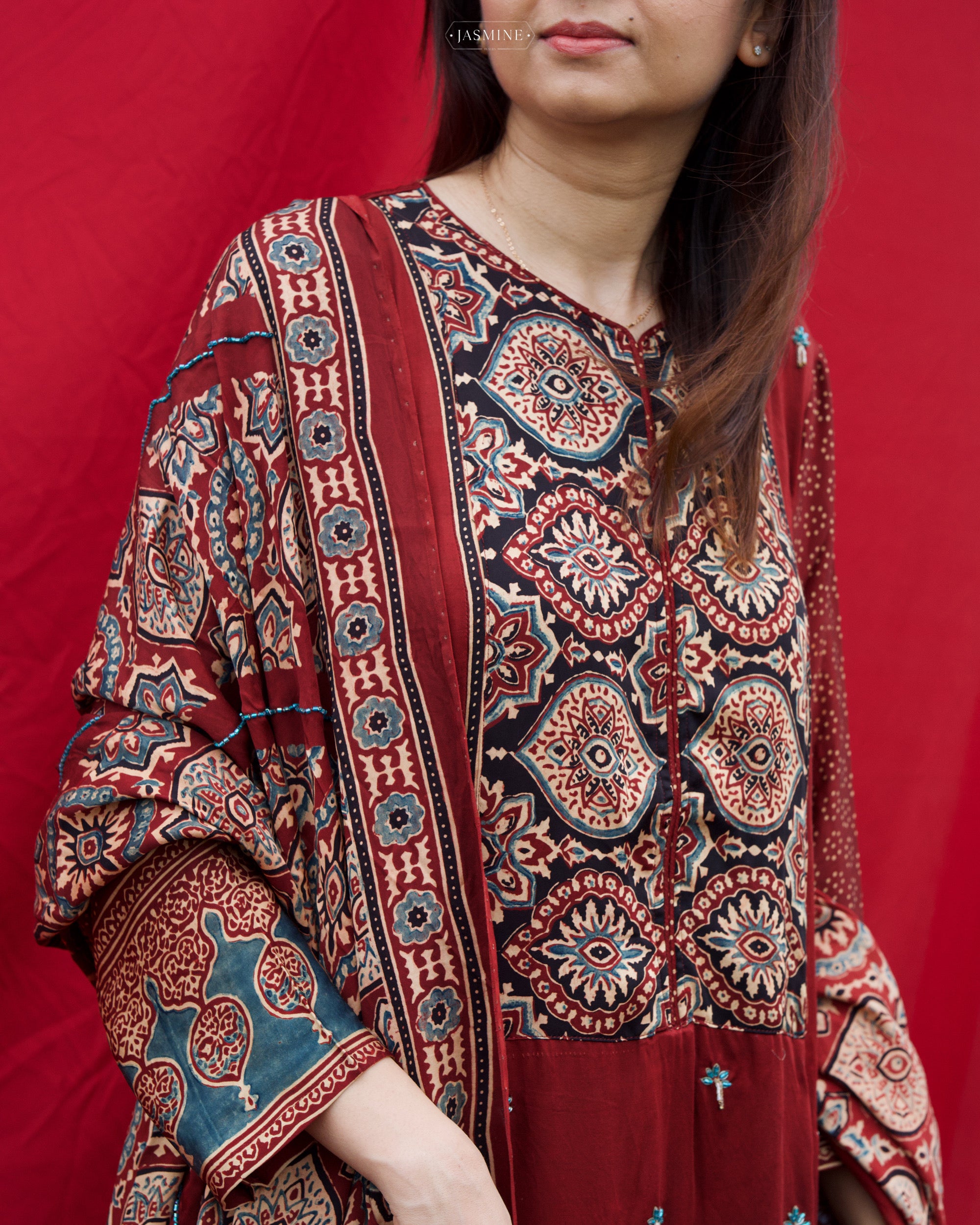 Ajrakh hand block printed modal silk straight cut salwar set with cut bead handwork