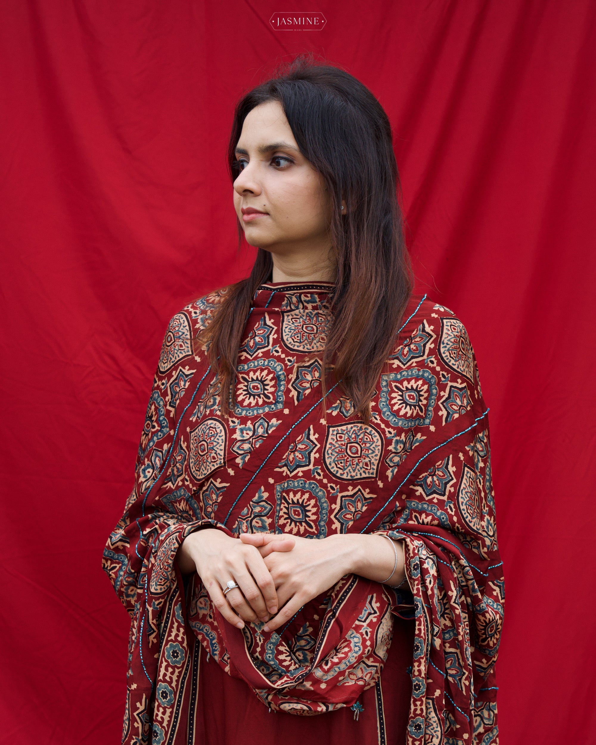 Ajrakh hand block printed modal silk straight cut salwar set with cut bead handwork