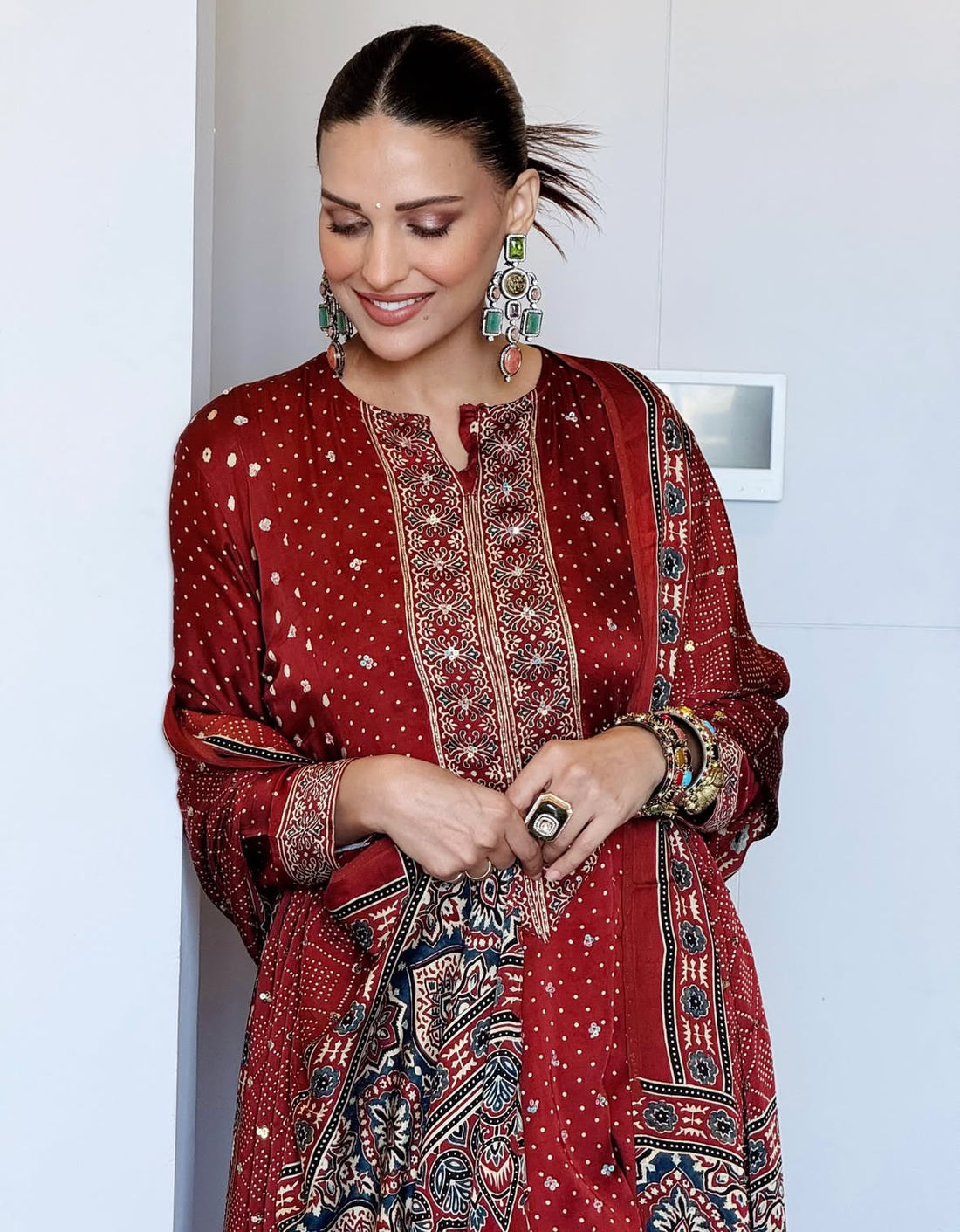 Ajrakh hand dyed hand block printed modal silk panel cut salwar set with cut bead handwork