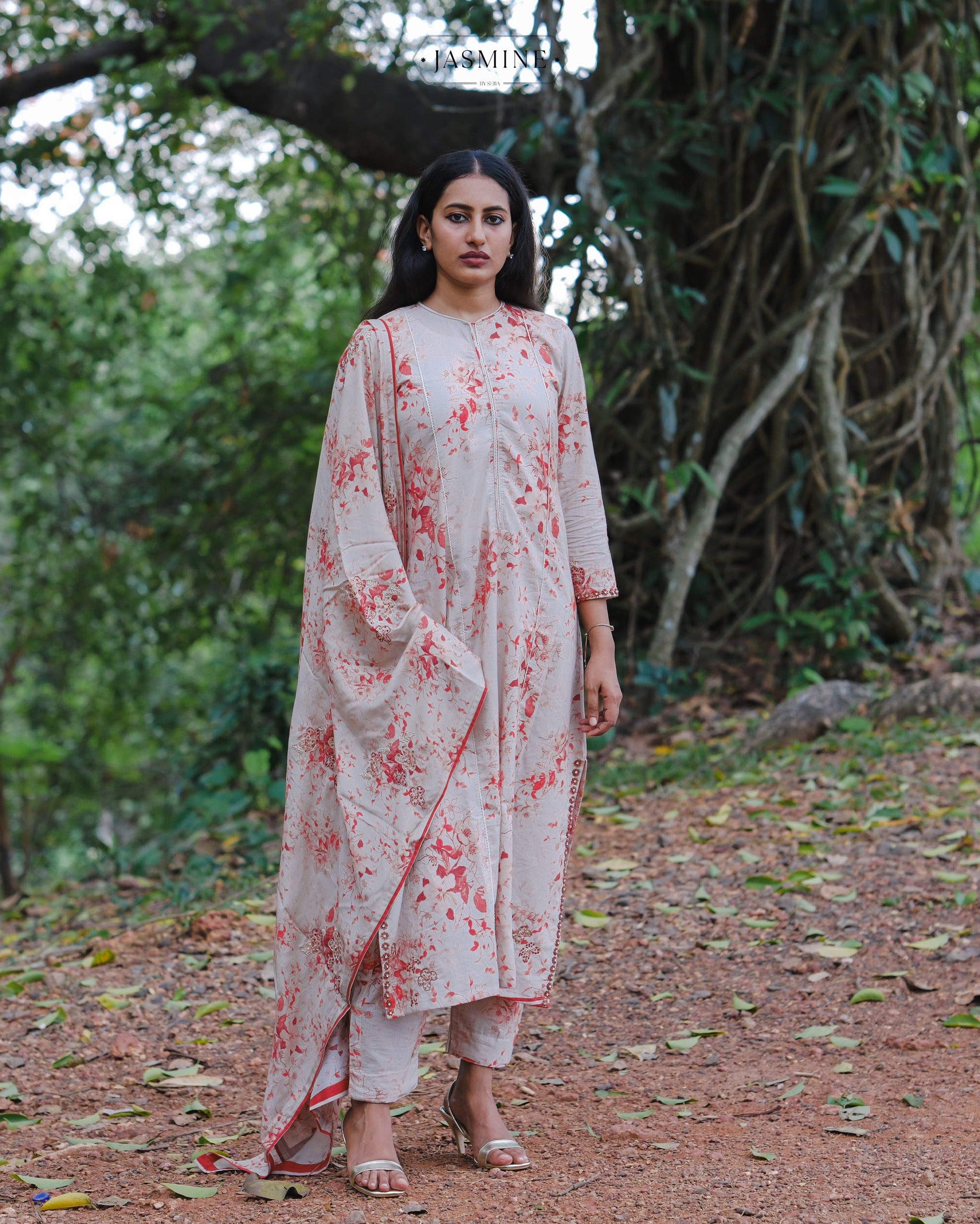 In-house jasmine printed straight cut suit with hand work