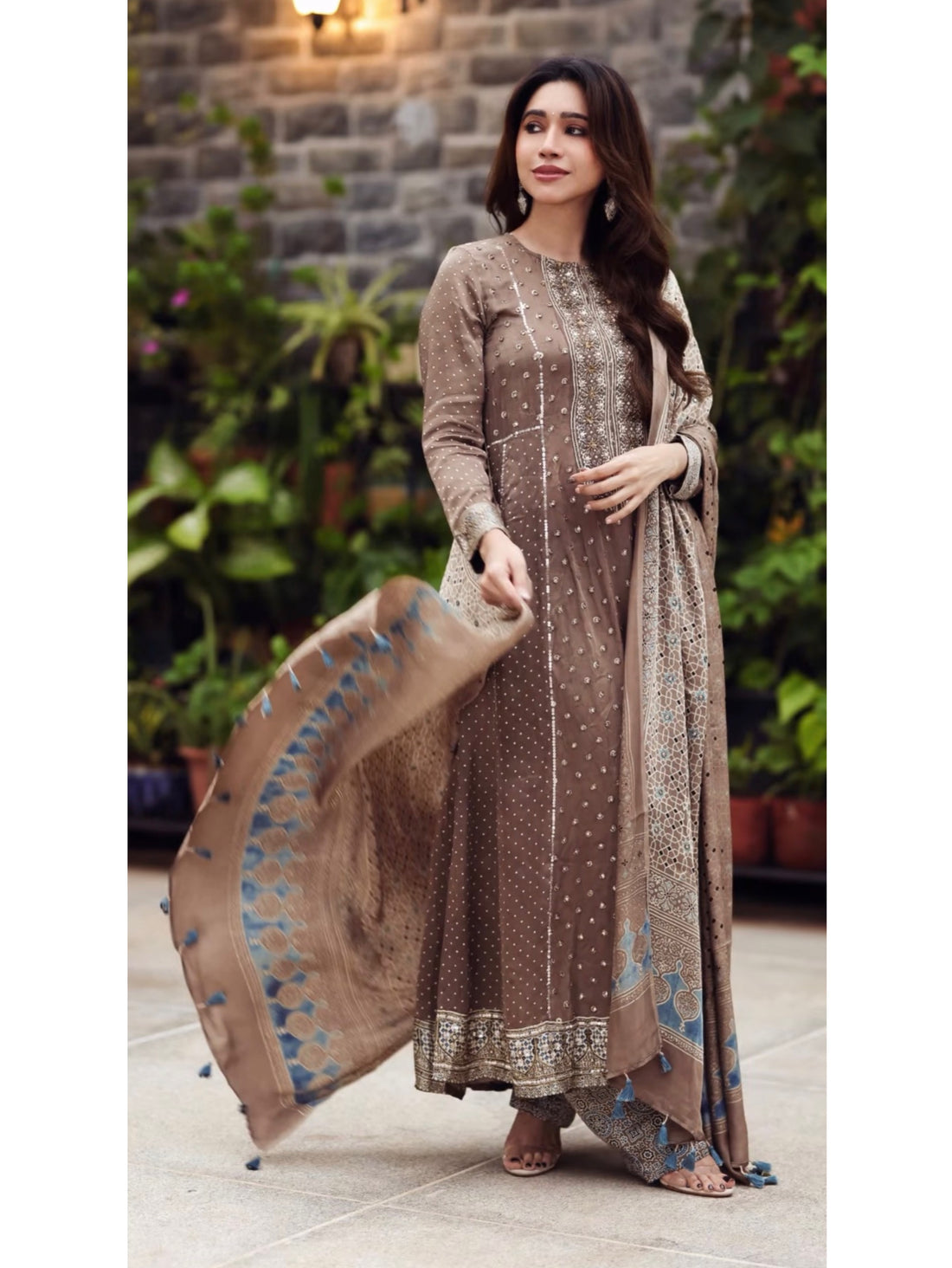 Ajrakh hand dyed hand block printed modal silk panel cut salwar set with cut bead handwork