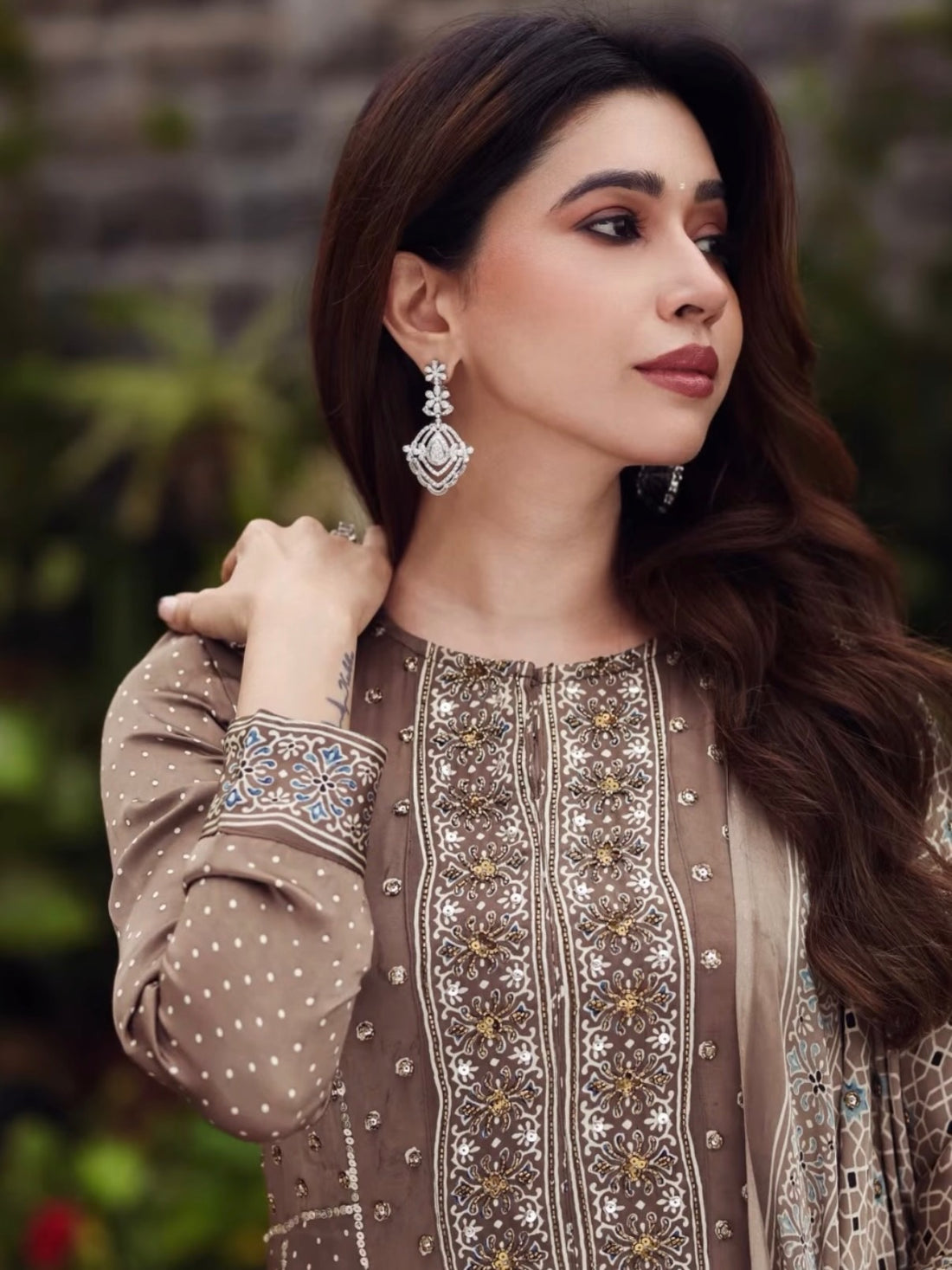 Ajrakh hand dyed hand block printed modal silk panel cut salwar set with cut bead handwork