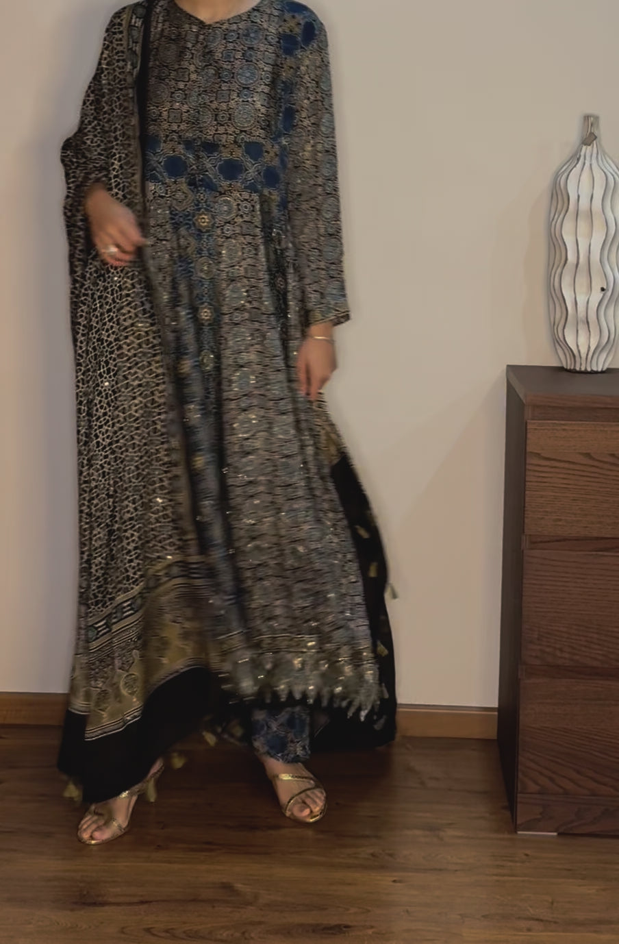 Ajrakh hand dyed hand block printed modal silk panel cut anarkali set with cut bead handwork