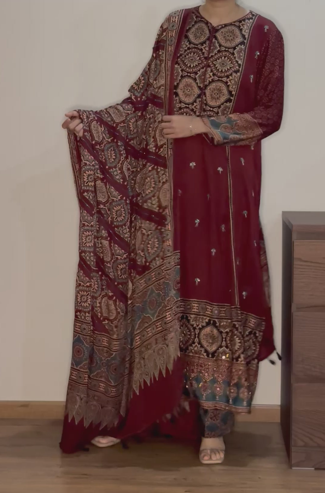 Ajrakh hand block printed modal silk straight cut salwar set with cut bead handwork