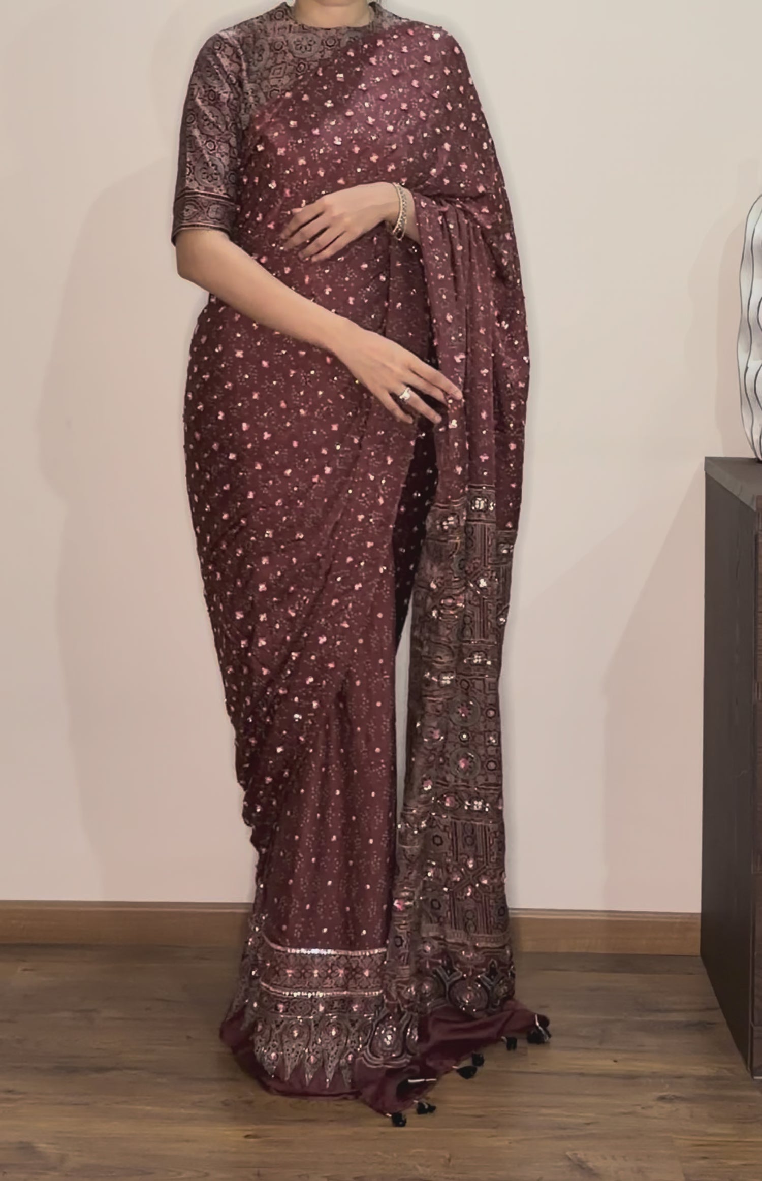 Ajrakh pure handloom gajji silk hand dyed, hand block printed and handworked saree