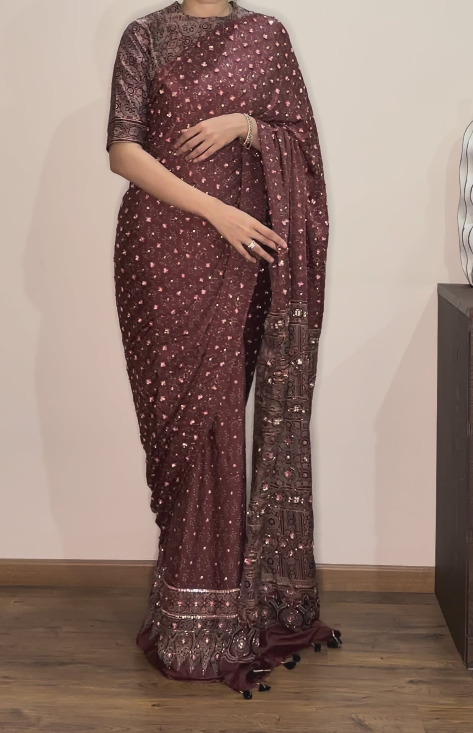 Ajrakh pure handloom gajji silk hand dyed, hand block printed and handworked saree
