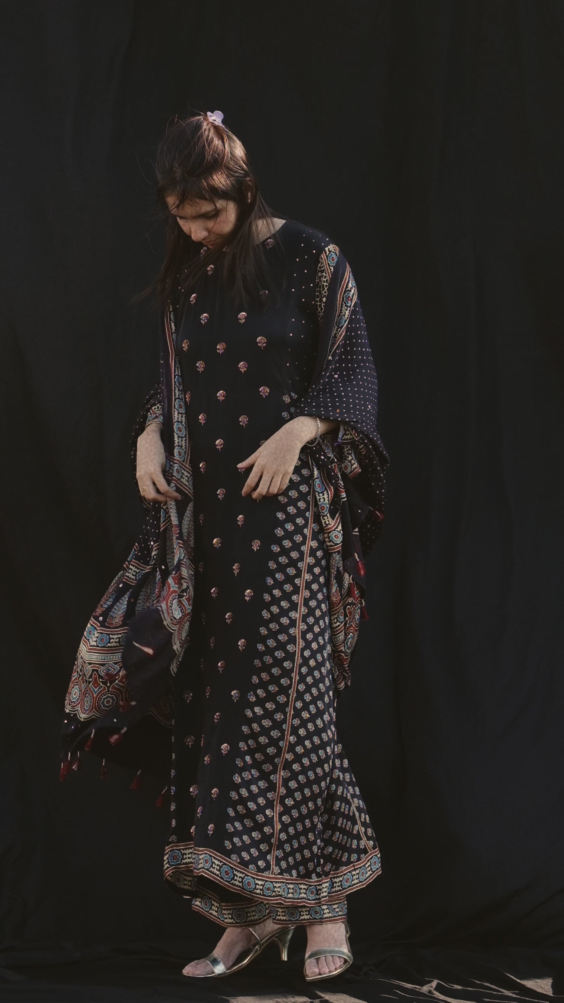 Ajrakh hand block printed modal silk A line salwar set with zardosi handwork