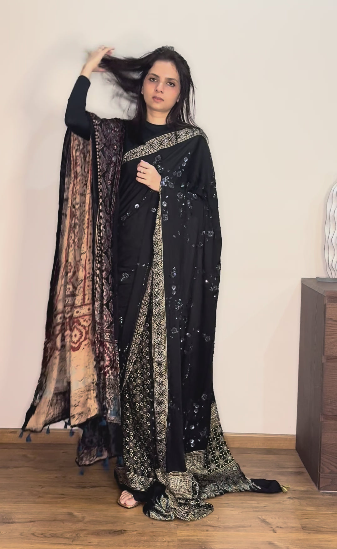 Ajrakh pure modal silk hand dyed, hand block printed and handworked saree