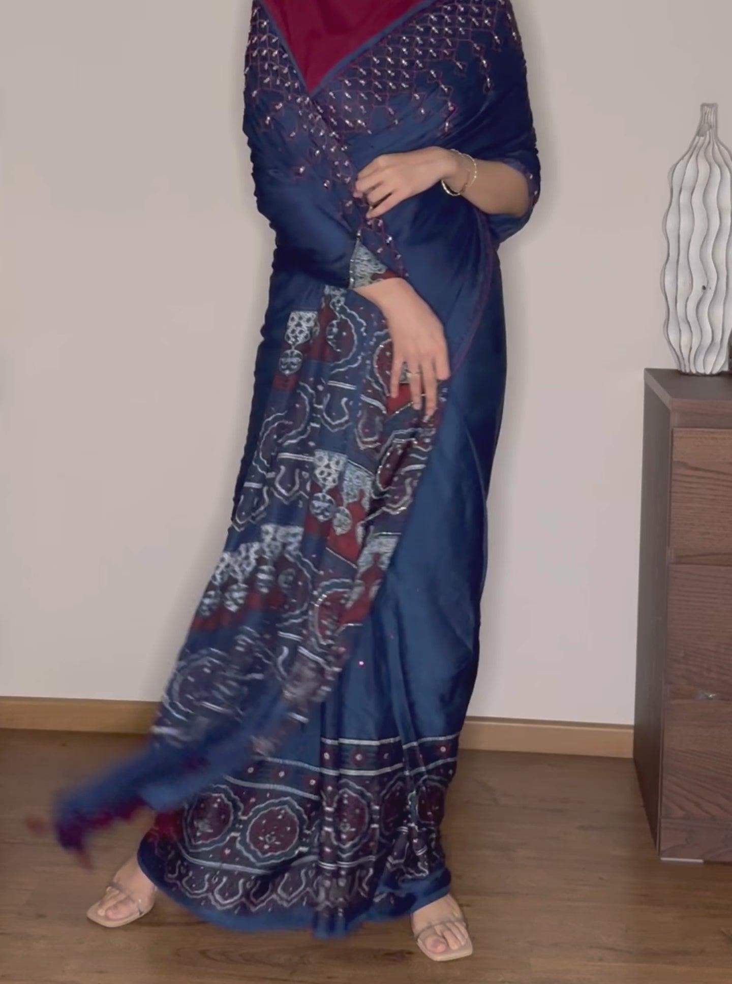 Ajrakh modal silk hand dyed and hand block printed handworked saree with modal silk handworked dupatta