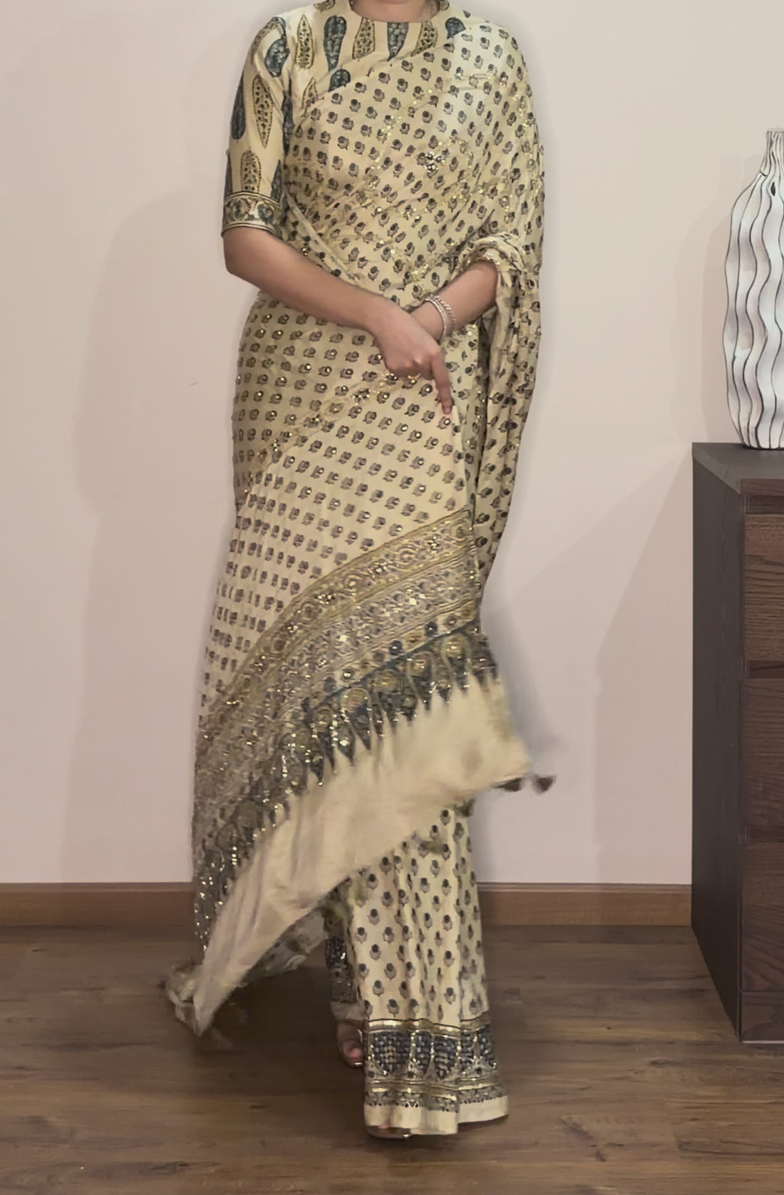 Ajrakh pure handloom gajji silk hand dyed, hand block printed and handworked saree