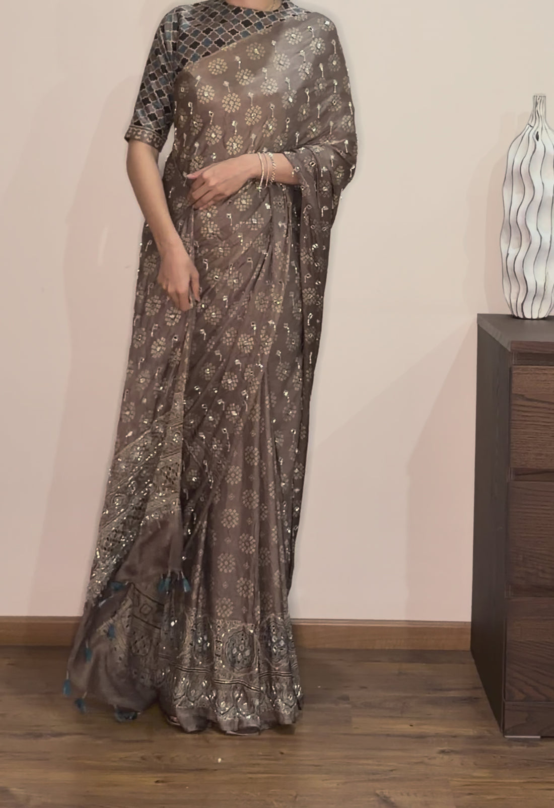 Ajrakh pure handloom gajji silk hand dyed, hand block printed and handworked saree