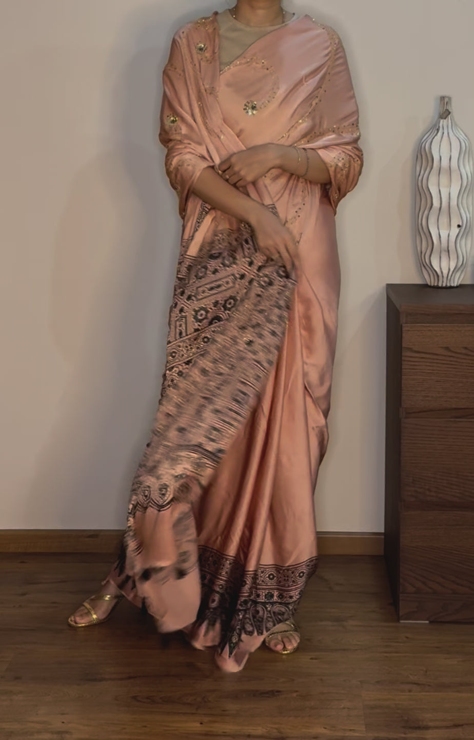 Ajrakh modal silk hand dyed, hand block printed and handworked saree