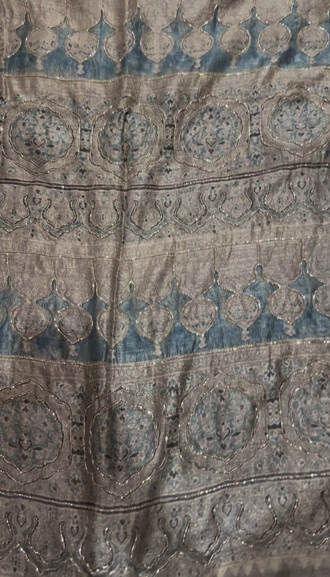 Ajrakh pure handloom tussar silk hand dyed, hand block printed and handworked saree