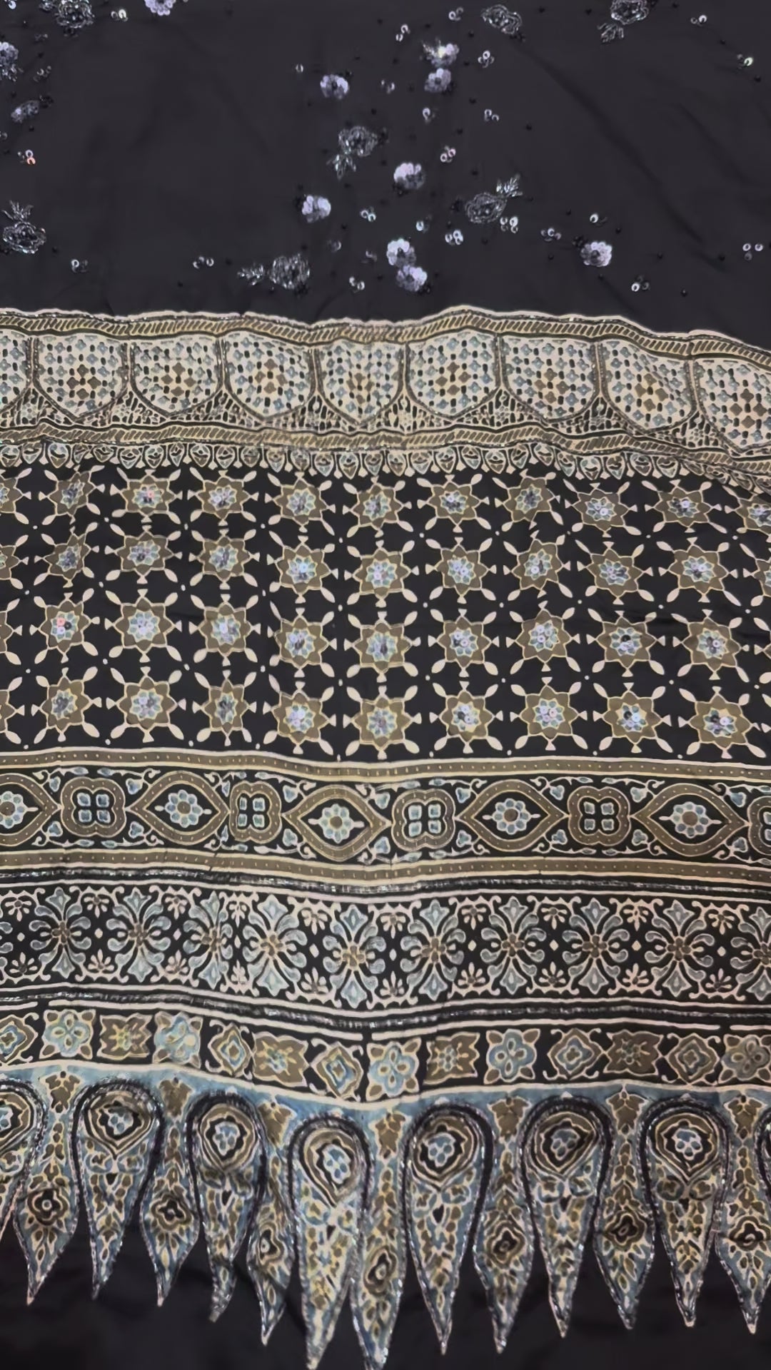 Ajrakh pure modal silk hand dyed, hand block printed and handworked saree
