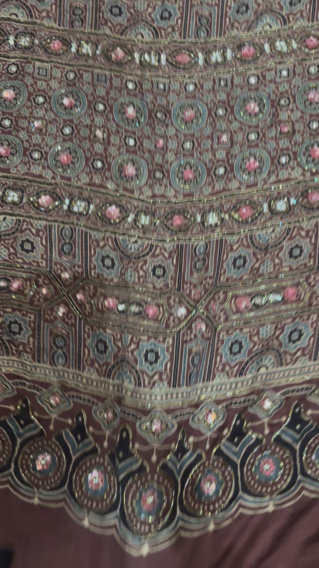 Ajrakh pure handloom gajji silk hand dyed, hand block printed and handworked saree