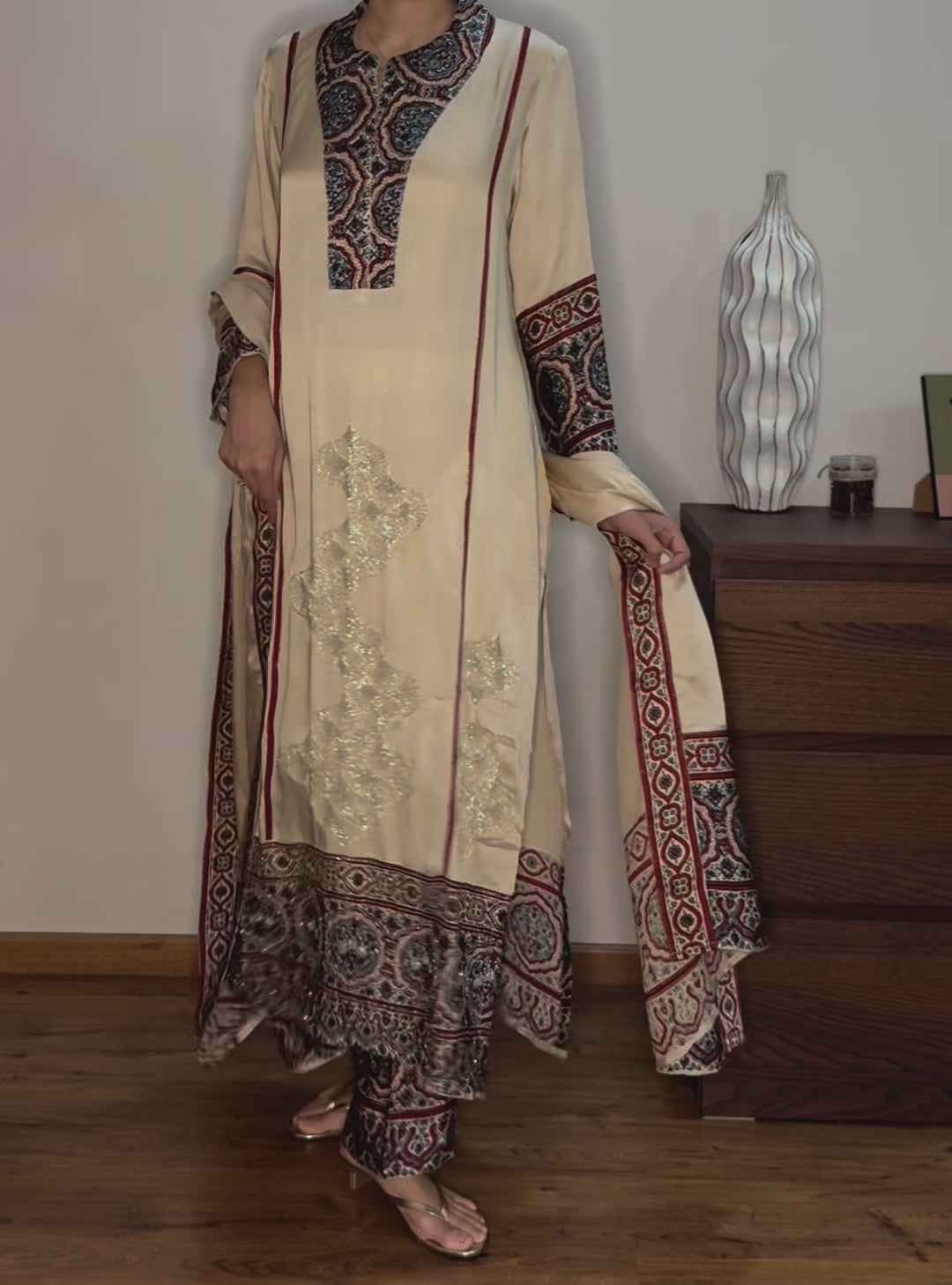 Ajrakh hand block printed modal silk straight cut salwar set with cutbead handwork