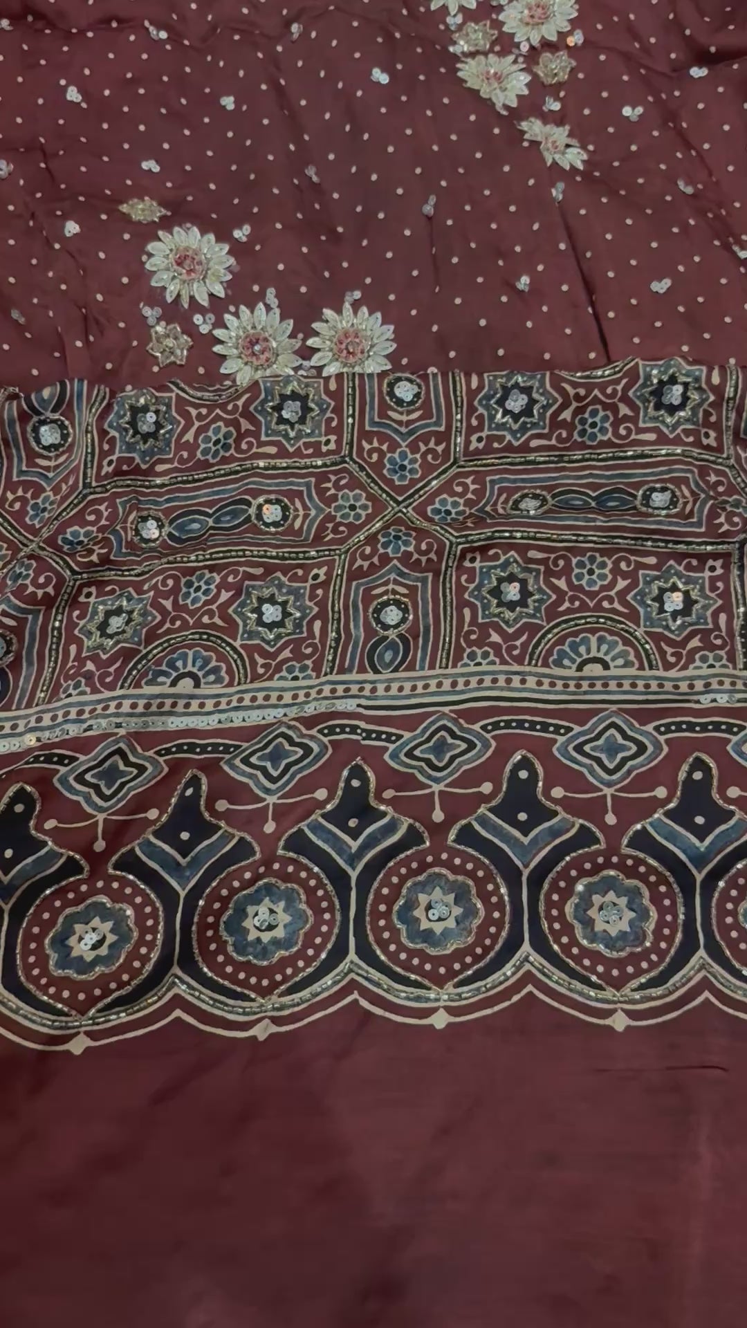 Ajrakh pure modal silk hand dyed, hand block printed and handworked saree