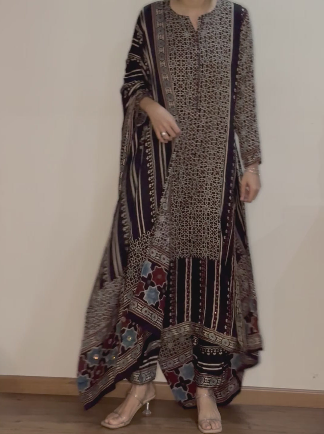 Ajrakh hand block printed modal silk straight cut salwar set with cutbead handwork