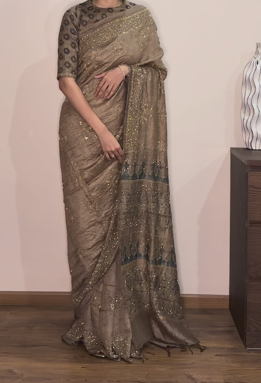 Ajrakh pure handloom tussar silk hand dyed, hand block printed and handworked saree