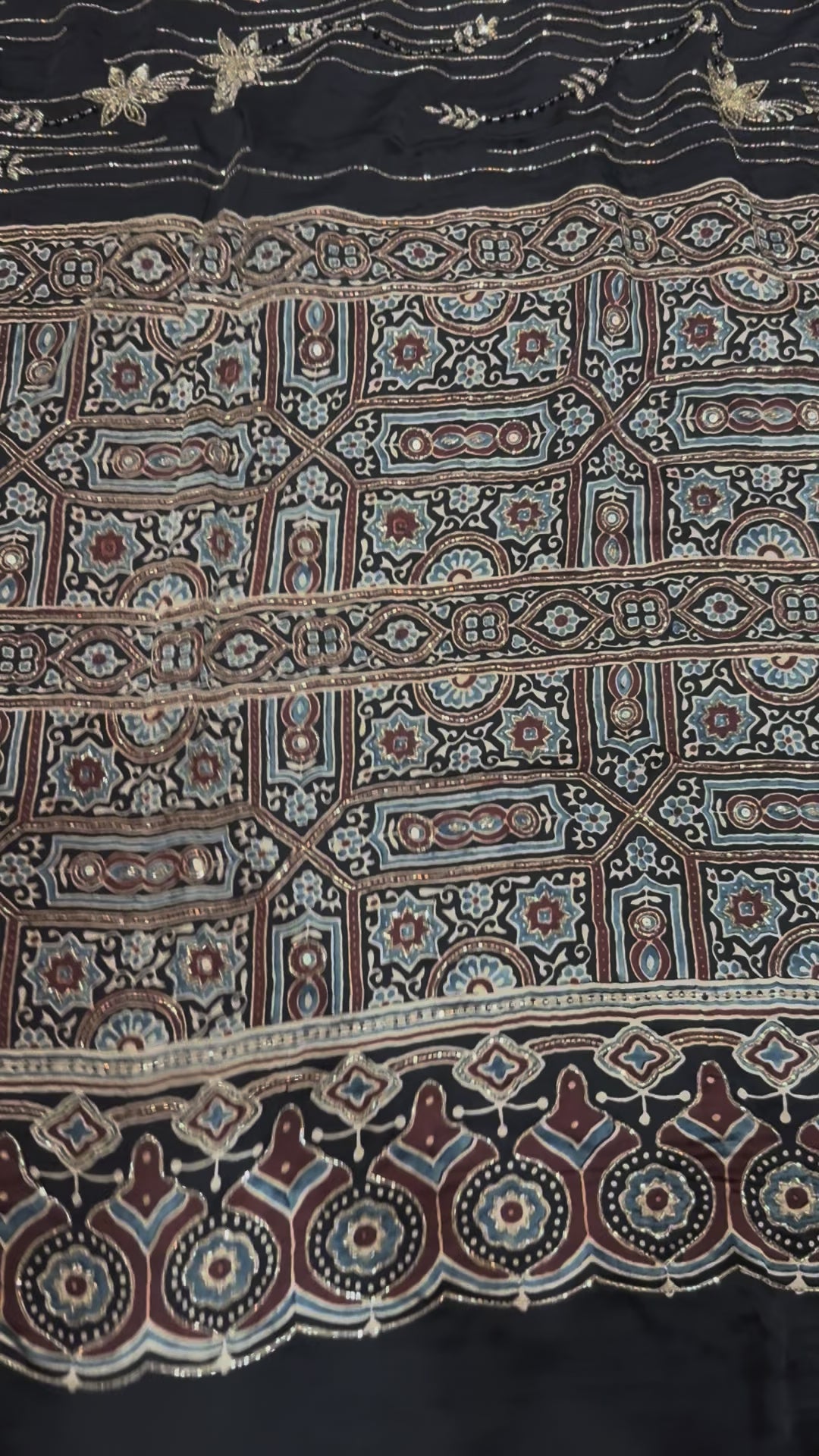 Ajrakh pure modal silk hand dyed, hand block printed and handworked saree