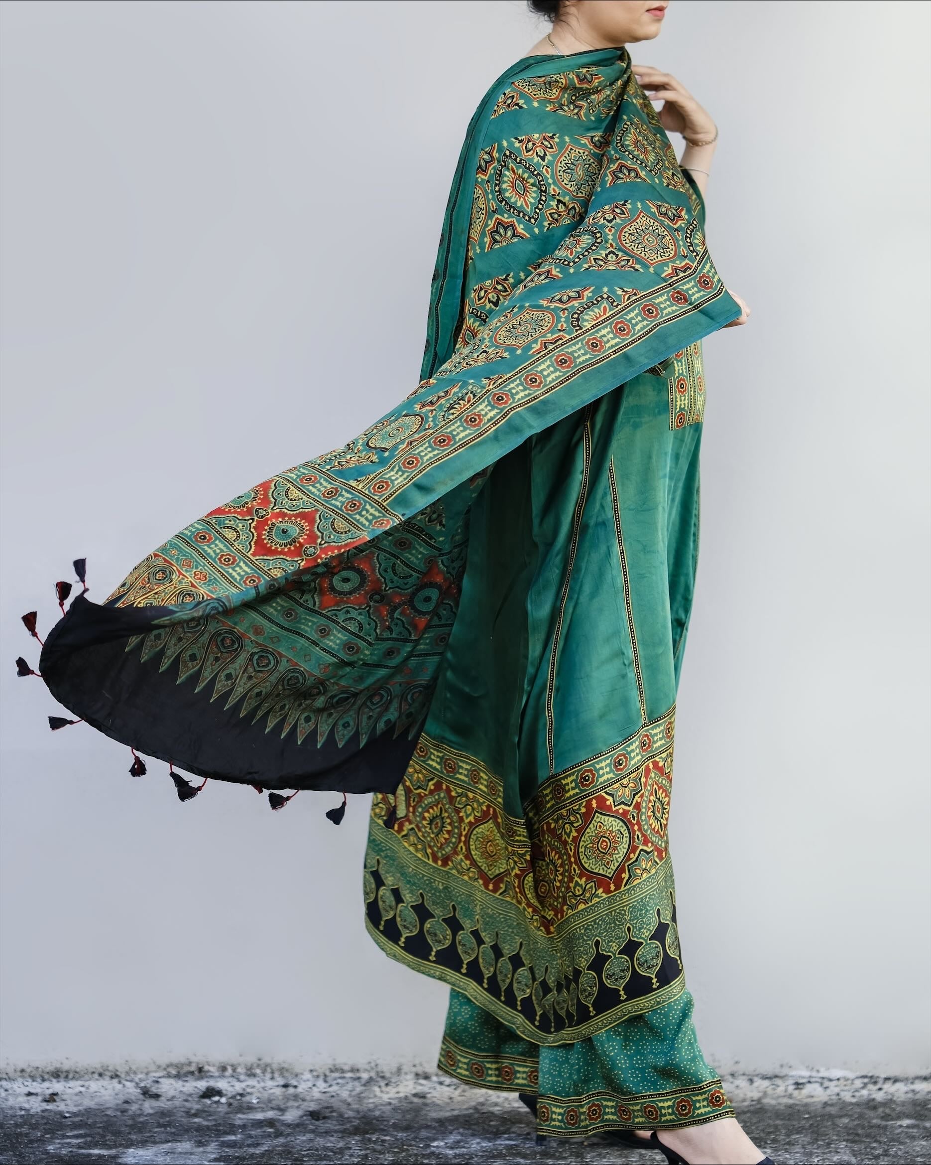 Ajrakh hand block printed modal silk loose fit set.