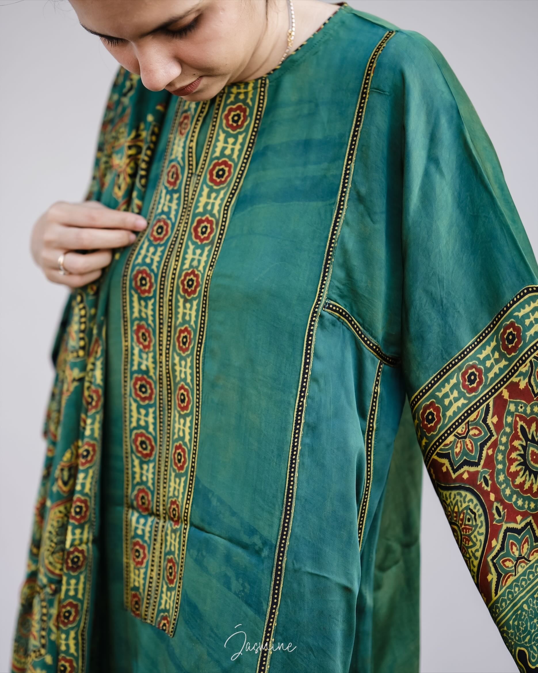 Ajrakh hand block printed modal silk loose fit set.