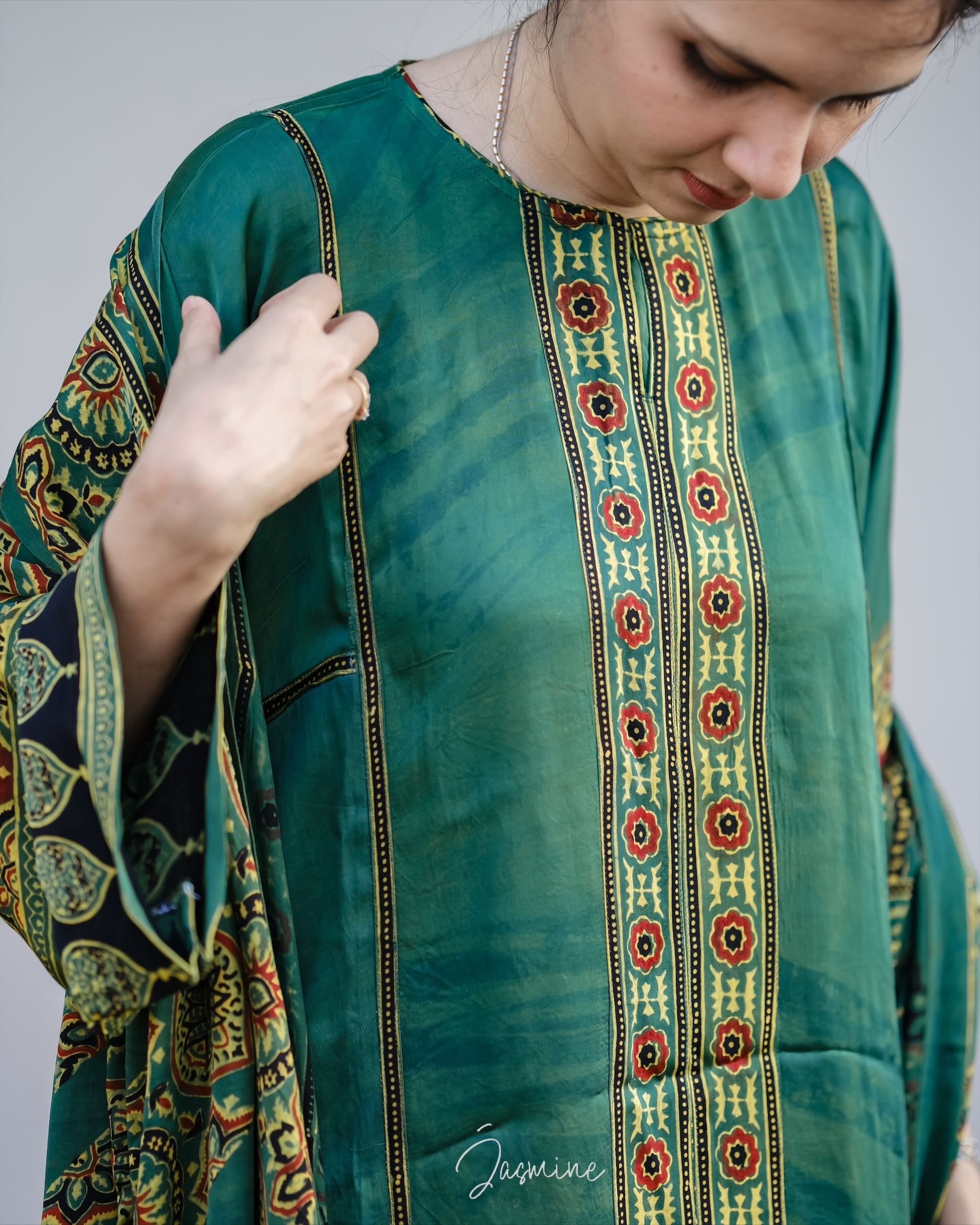 Ajrakh hand block printed modal silk loose fit set.