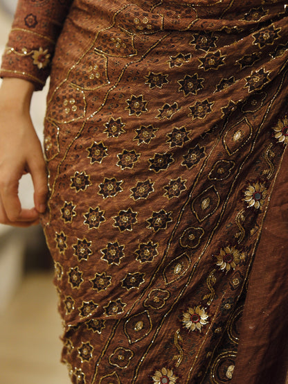 Ajrakh pure kota silk hand dyed, hand block printed and handworked saree
