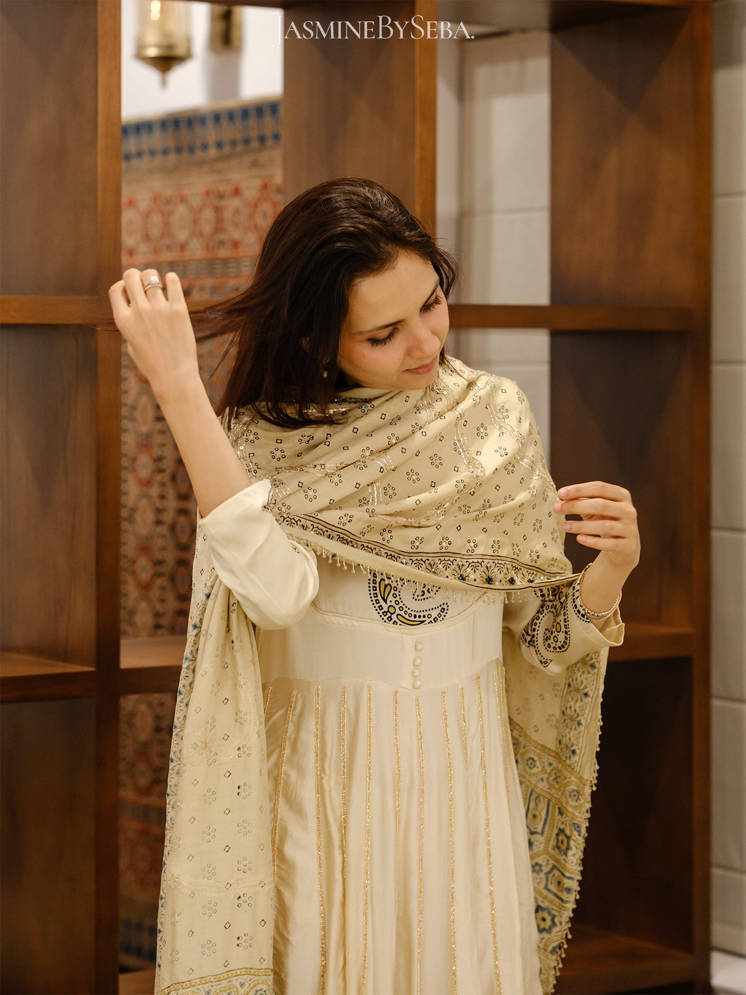 Custom made Ajrakh hand dyed hand block printed modal silk anarakali set with hand embroidry