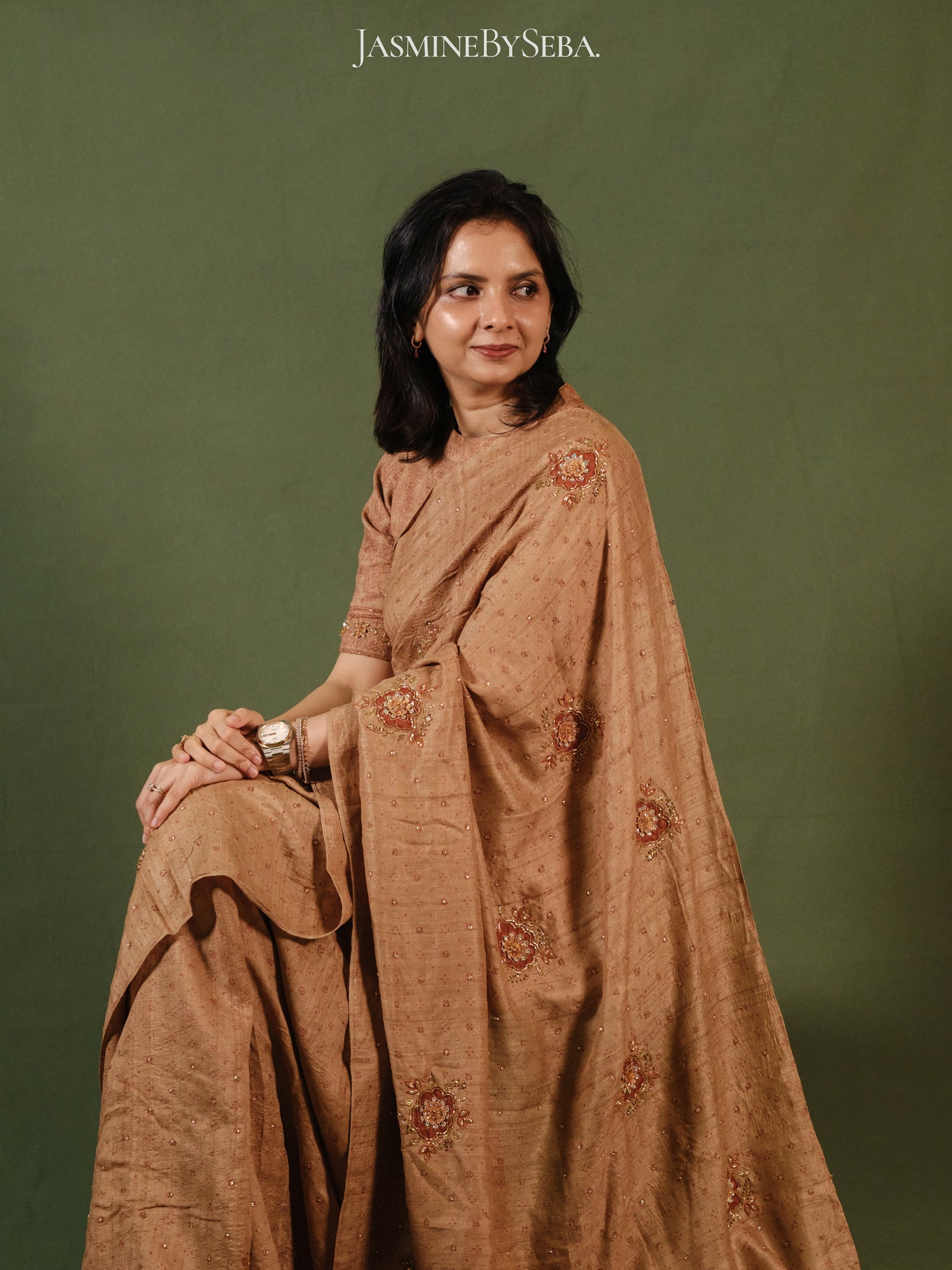Ajrakh pure handloom tussar silk hand dyed, hand block printed and handworked saree