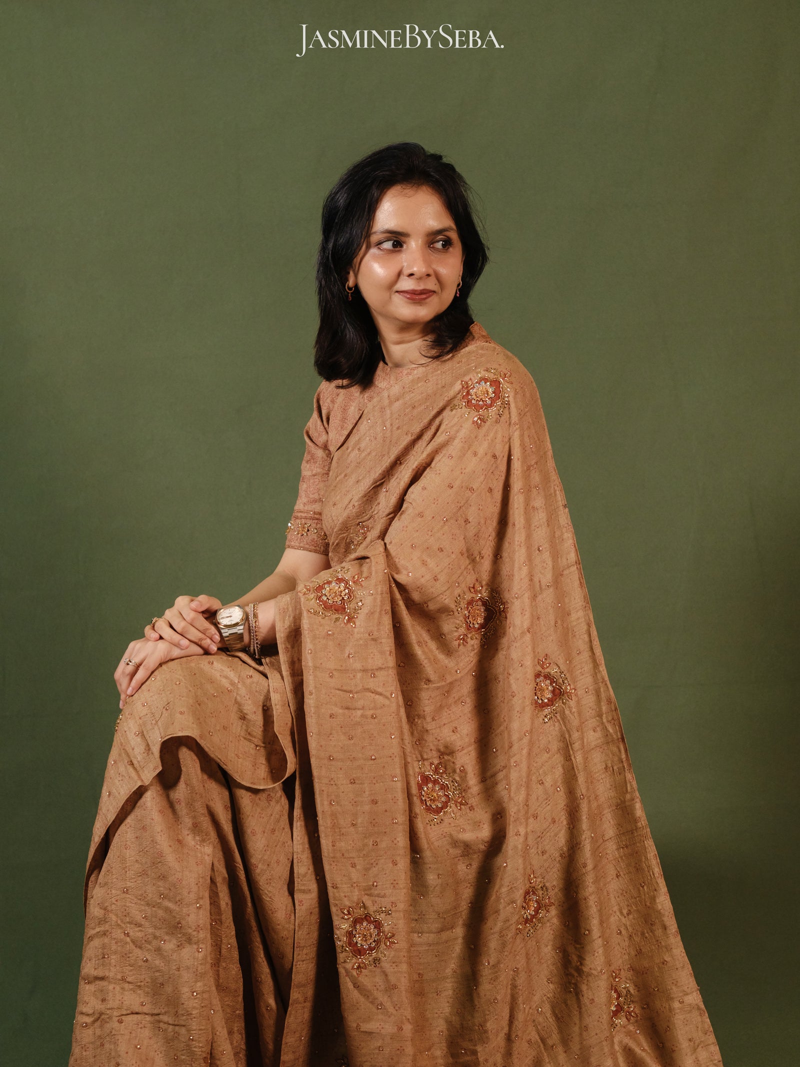 Ajrakh pure handloom tussar silk hand dyed, hand block printed and handworked saree