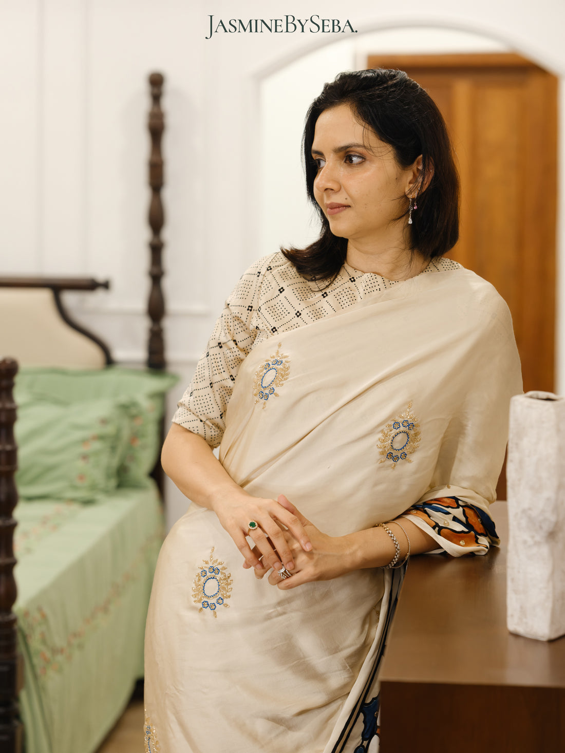 Bespoke ‘Jasmine’ hand printed 
Ajrakh pure modal silk hand dyed, hand block printed and handworked saree