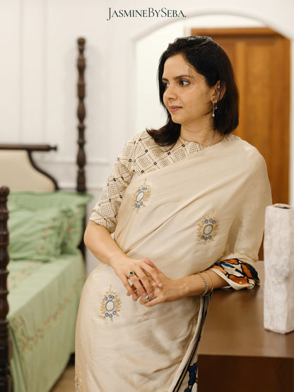 Bespoke ‘Jasmine’ hand printed 
Ajrakh pure modal silk hand dyed, hand block printed and handworked saree