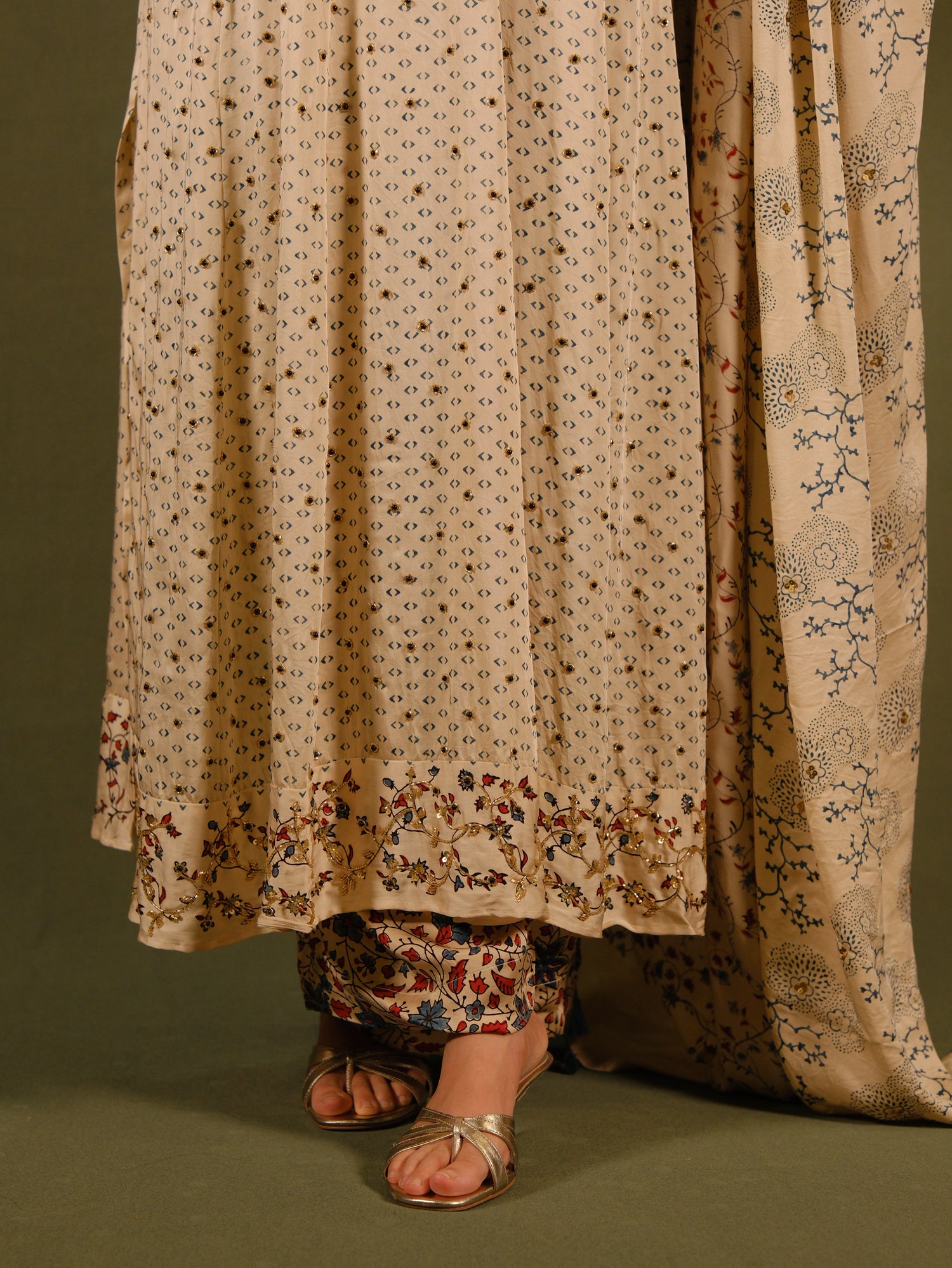 Ajrakh hand dyed hand block printed modal silk panel cut salwar set with cut bead handwork