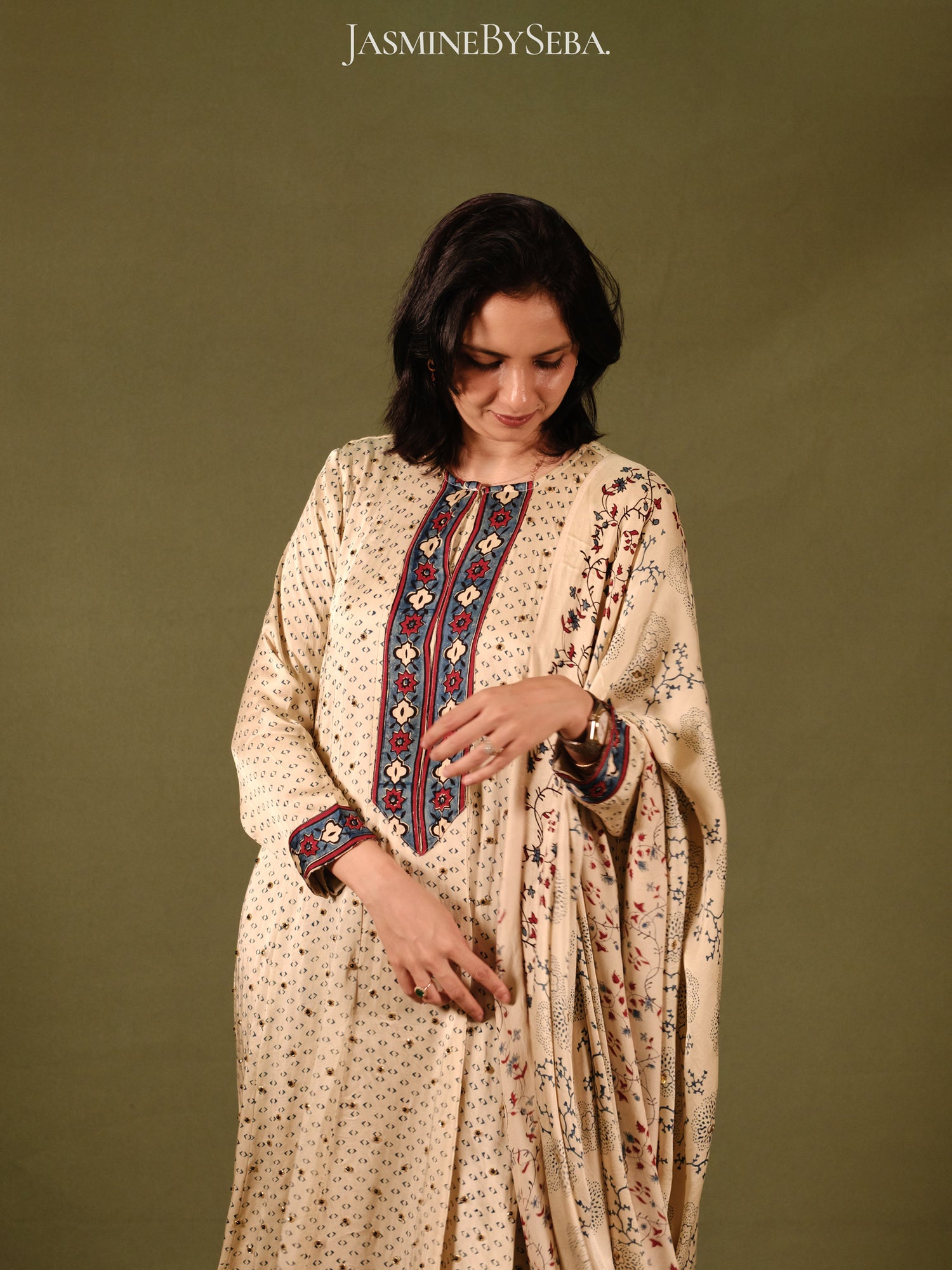 Ajrakh hand dyed hand block printed modal silk panel cut masakali set with cut bead handwork