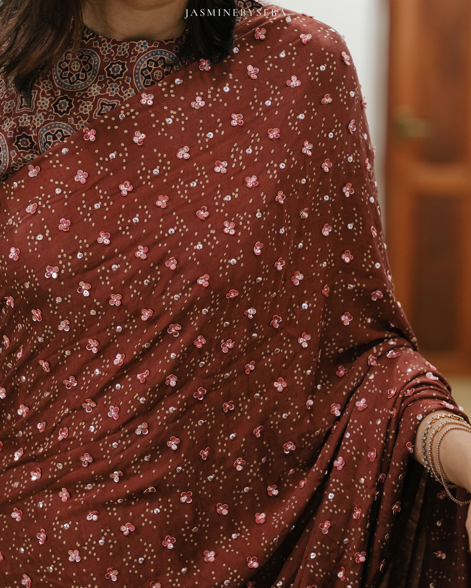 Ajrakh pure handloom gajji silk hand dyed, hand block printed and handworked saree