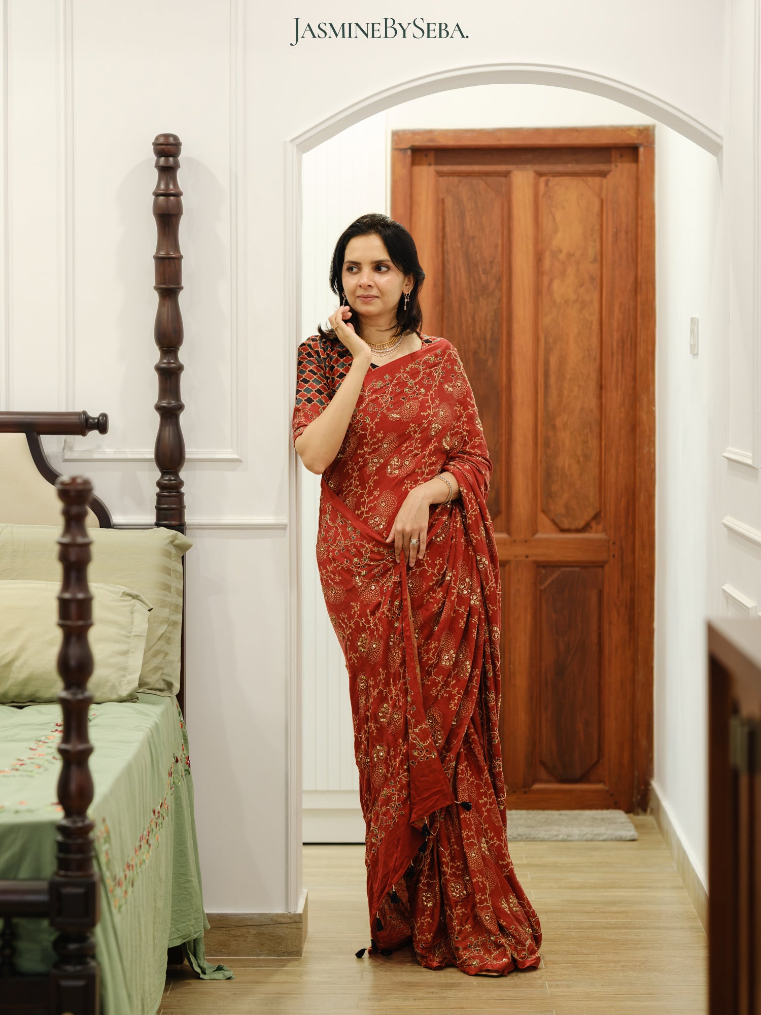 Ajrakh bridal pure handloom gajji silk hand dyed, hand block printed and handworked saree