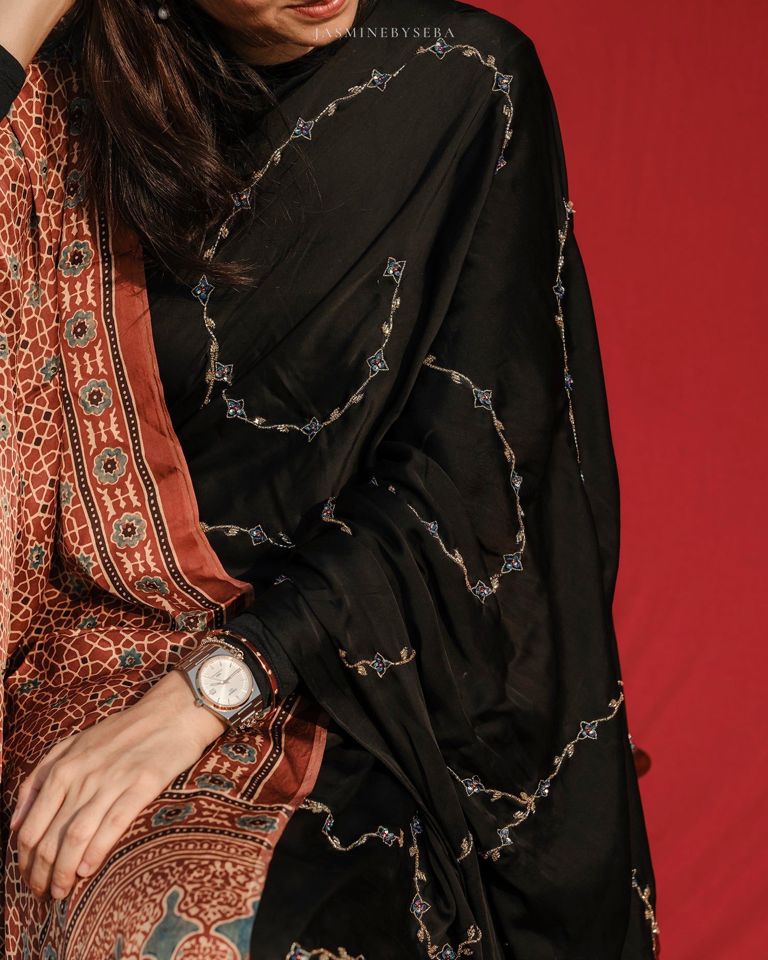 Ajrakh modal silk handworked saree with modal silk handworked dupatta