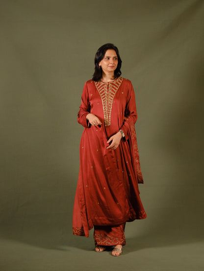 Ajrakh hand dyed hand block printed modal silk panel cut salwar set with cut bead handwork