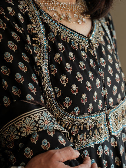 Custom made Ajrakh hand dyed hand block printed modal silk anarakali set with hand embroidry