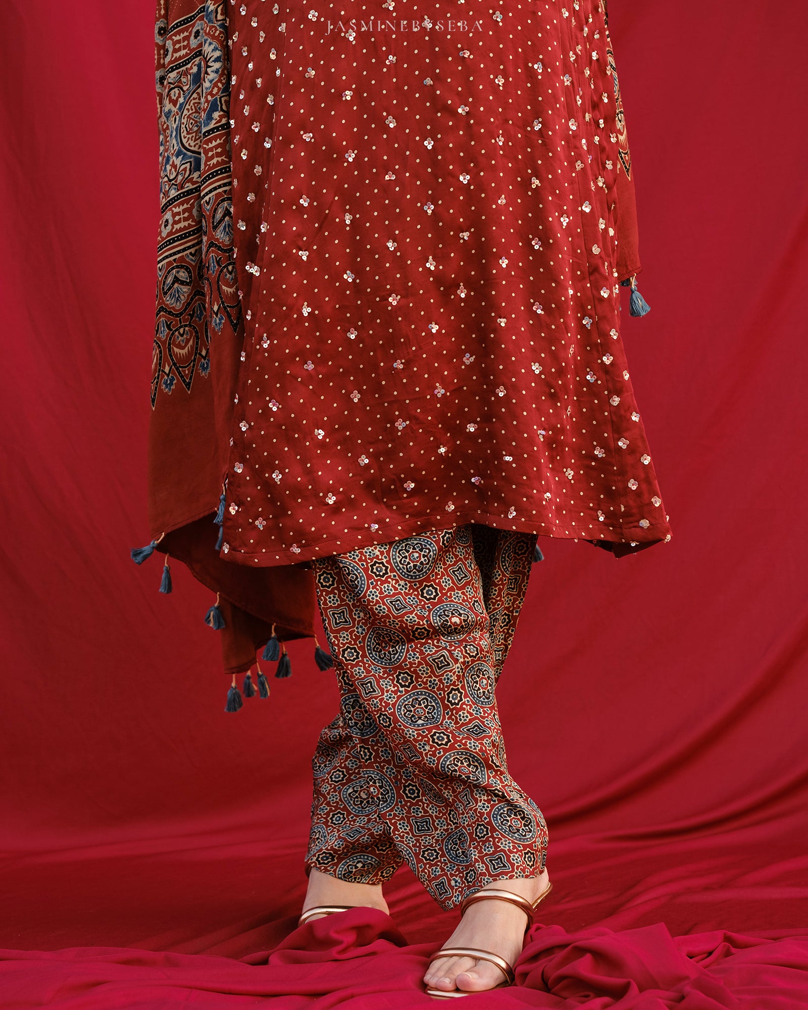 Ajrakh hand dyed hand block printed modal silk panel cut salwar set with cut bead handwork