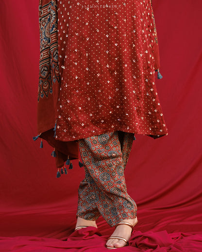 Ajrakh hand dyed hand block printed modal silk panel cut salwar set with cut bead handwork