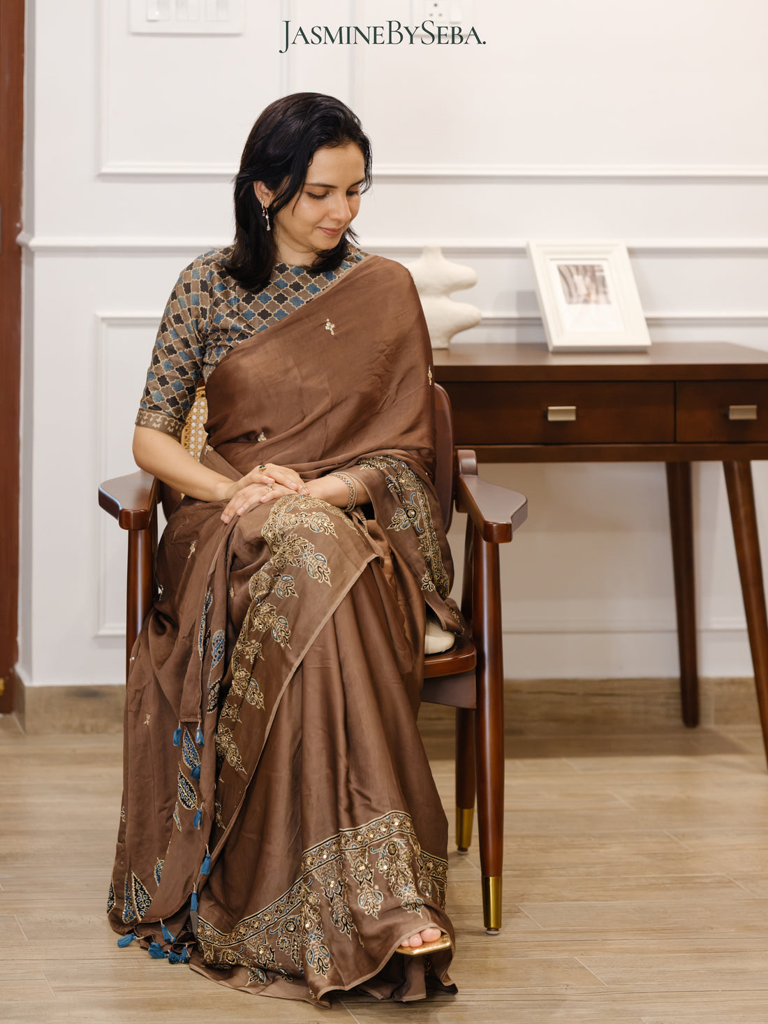 Bespoke ‘Jasmine’ hand printed 
Ajrakh pure modal silk hand dyed, hand block printed and handworked saree