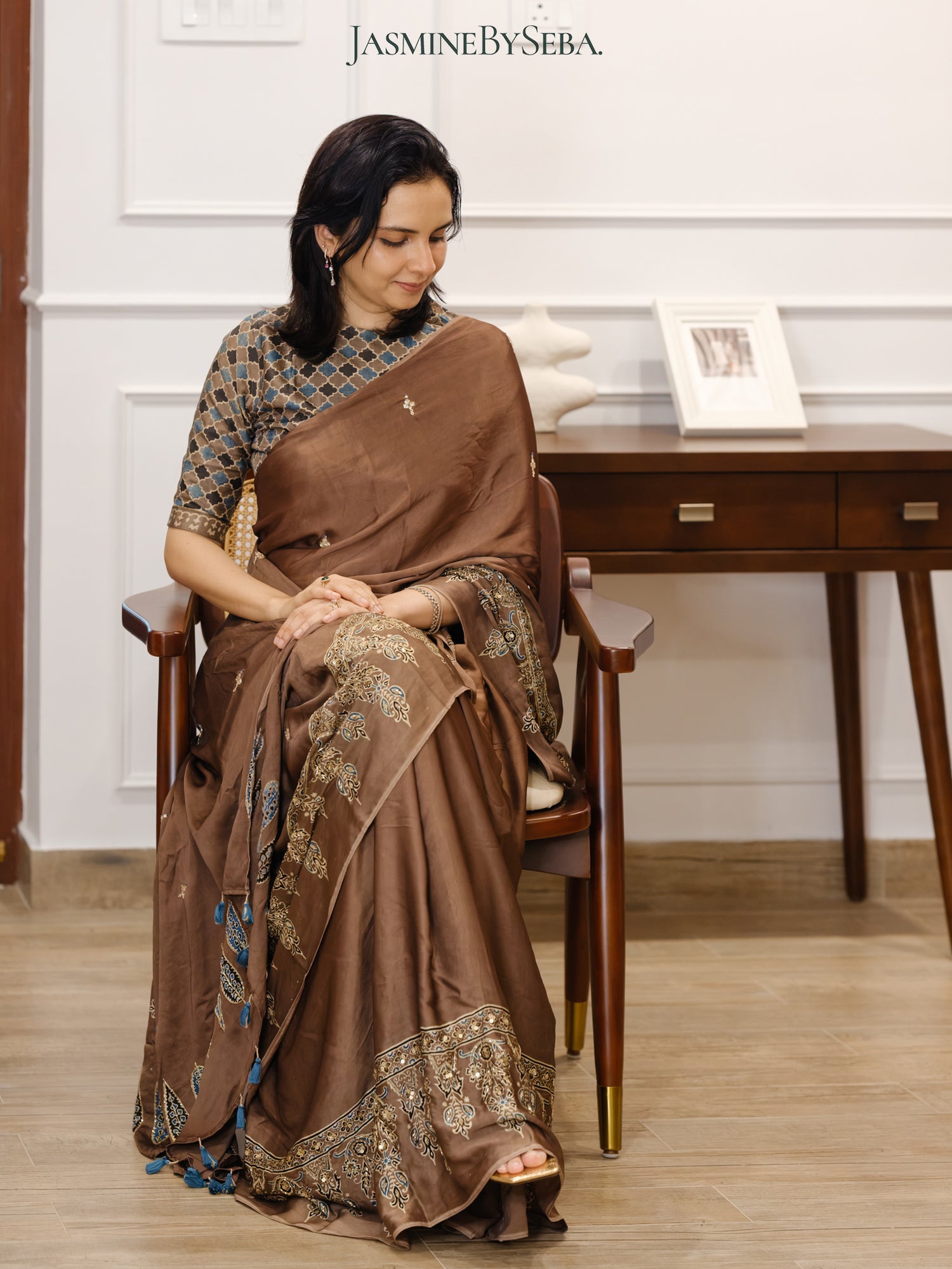 Bespoke ‘Jasmine’ hand printed 
Ajrakh pure modal silk hand dyed, hand block printed and handworked saree