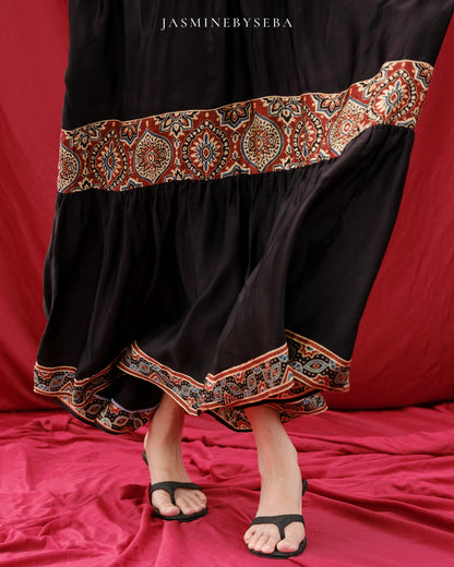Ajrakh hand dyed hand block printed modal silk maxi dress