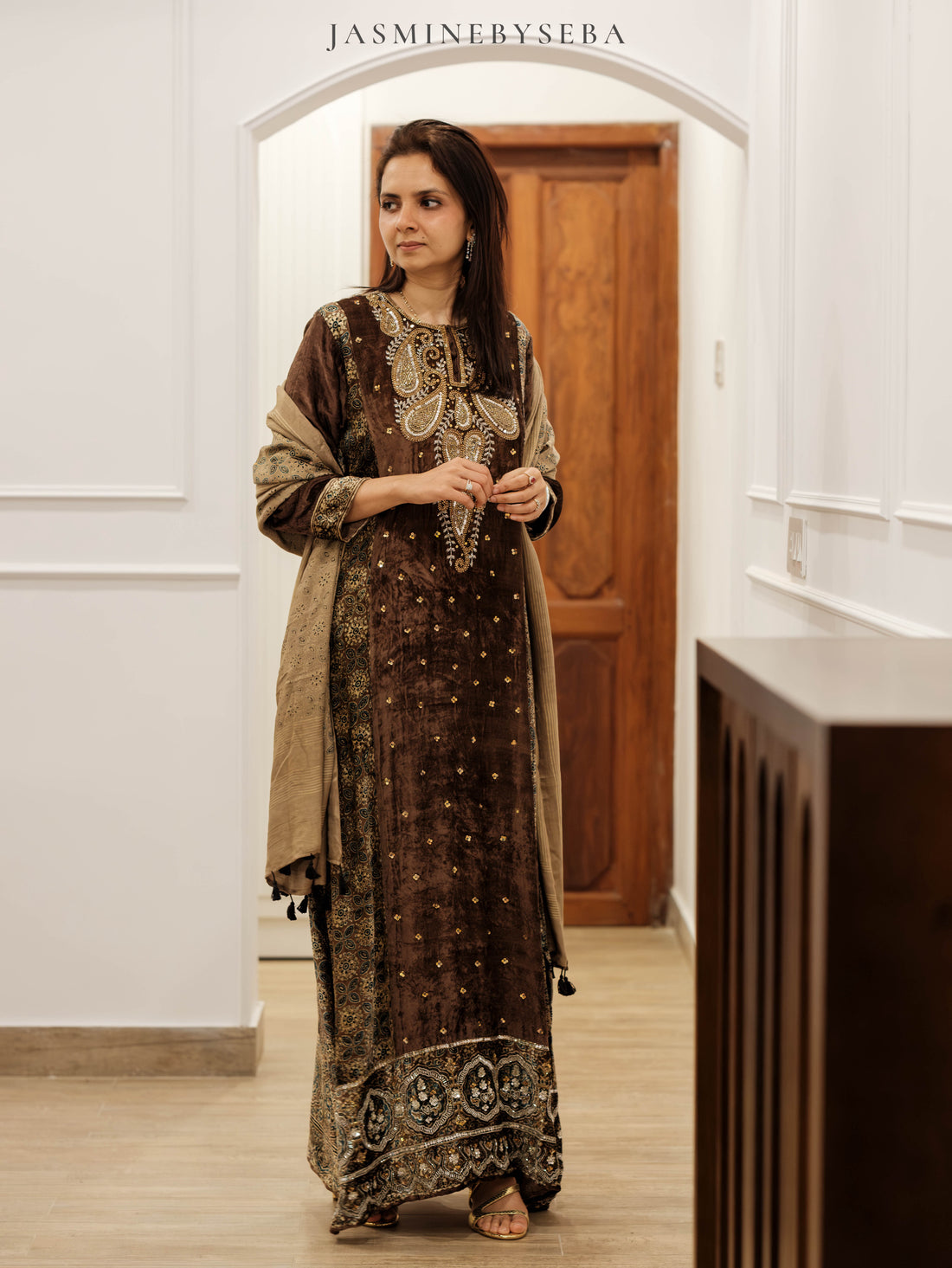 Ajrakh hand dyed hand block printed velvet silk salwar set with hand embroidry