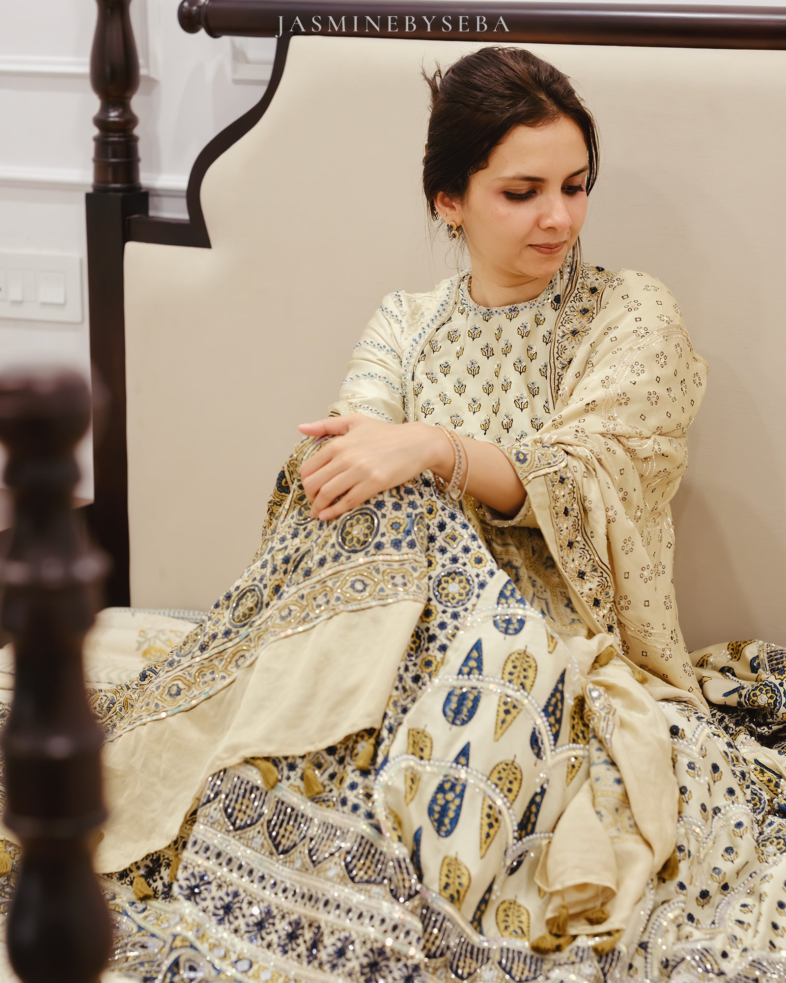 Custom made Ajrakh hand dyed hand block printed modal silk bridal lehenga set with pure handloom gajji silk dupatta detailed out with hand embroidry